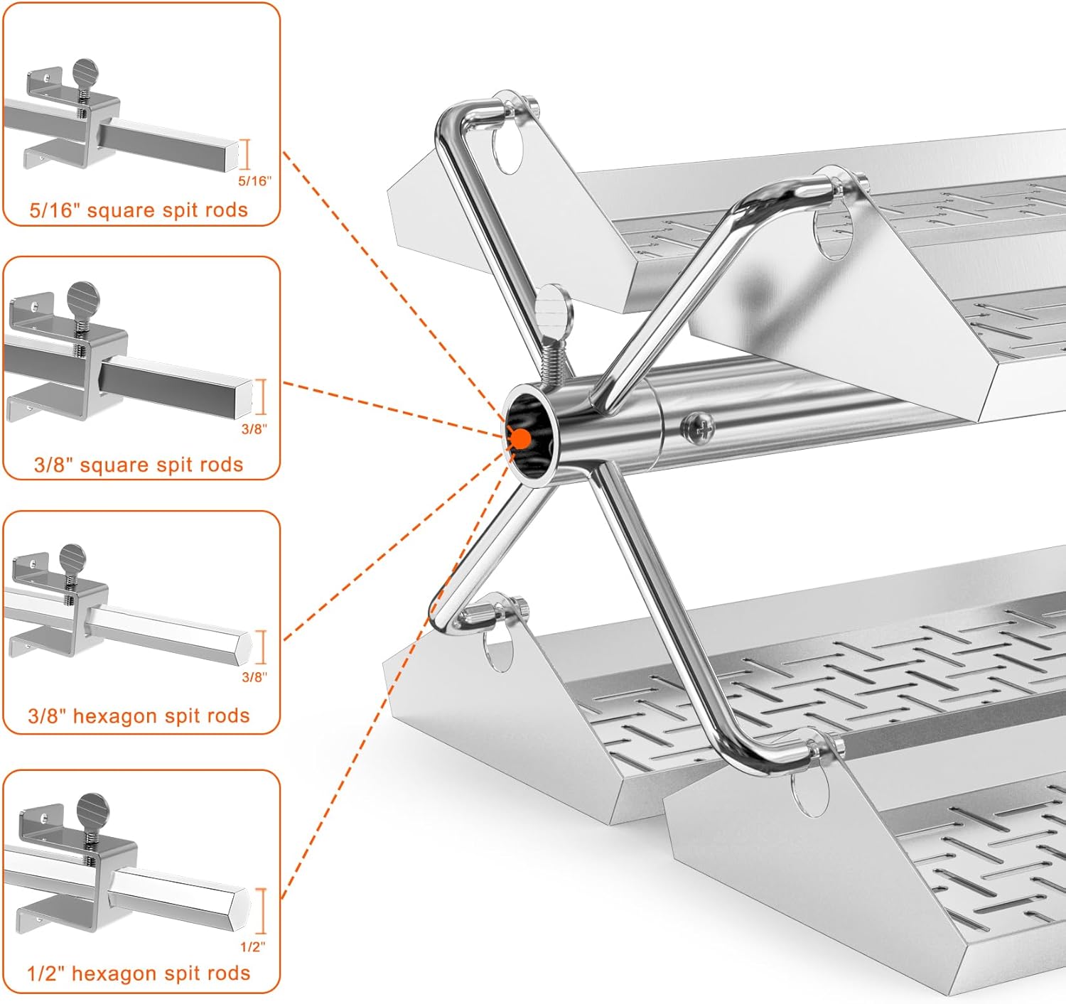 onlyfire Stainless Steel BBQ Rotating Tray Rotisserie Basket for Most Grills, Fits for 3/8" & 5/16" Square, 1/2" & 3/8" Hexagon Spit Rods