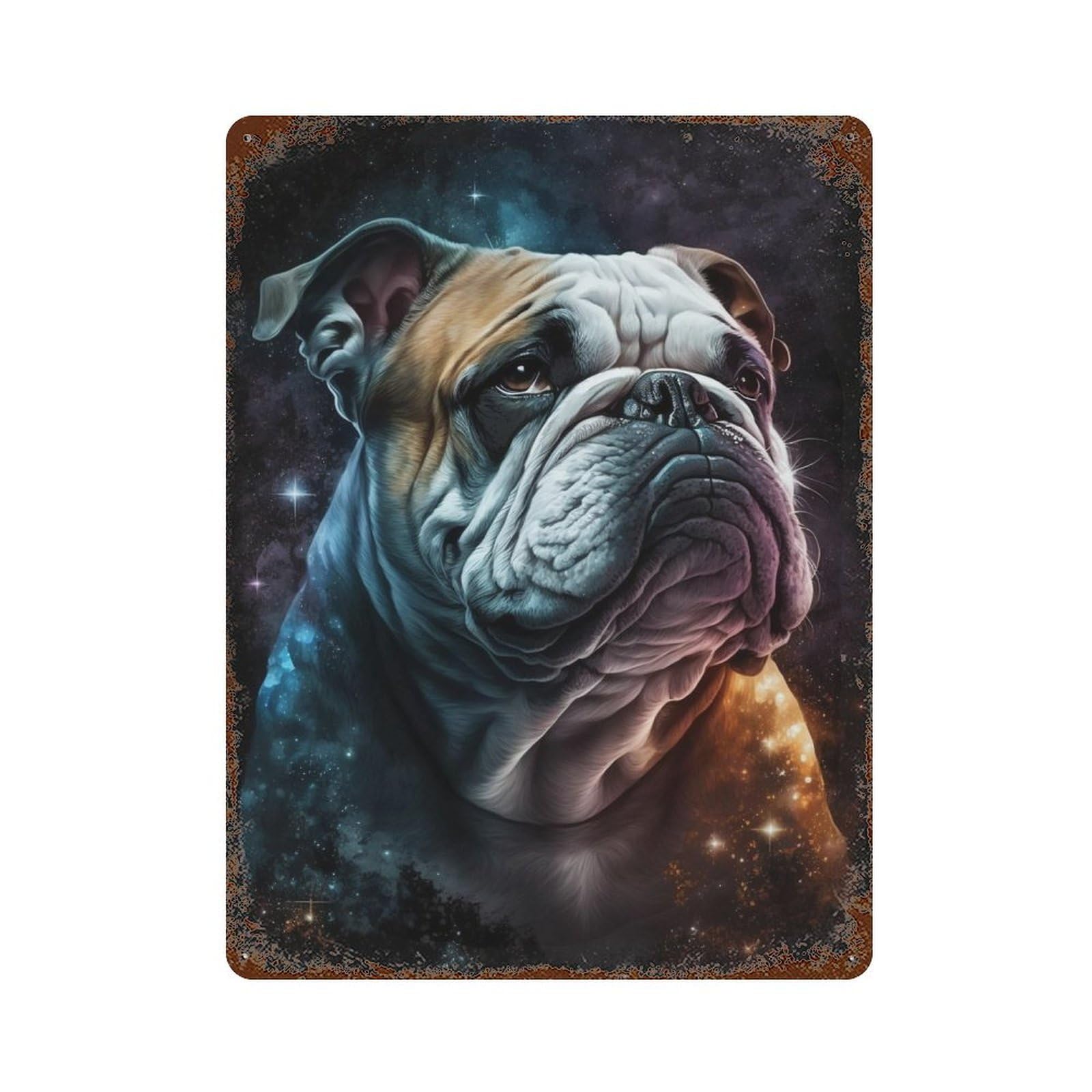 Rust Effect Space Bulldog Portrait Rustic Tin Plaque 15.7"x11.8", Industrial Home Decor for Bistro, Counter And Cafe Decor