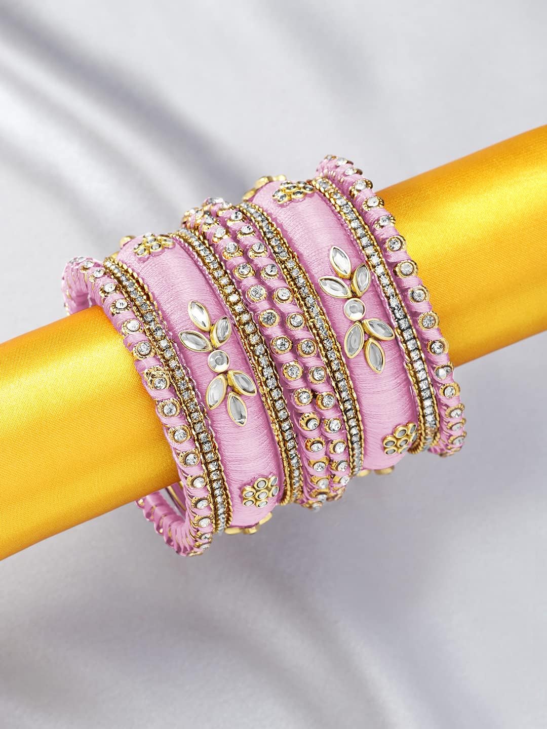 Aheli Silk Thread Kundan Studded Chura Chuda Bangle Set Gift for Women (2.8 inch, Light Pink) - Image 2