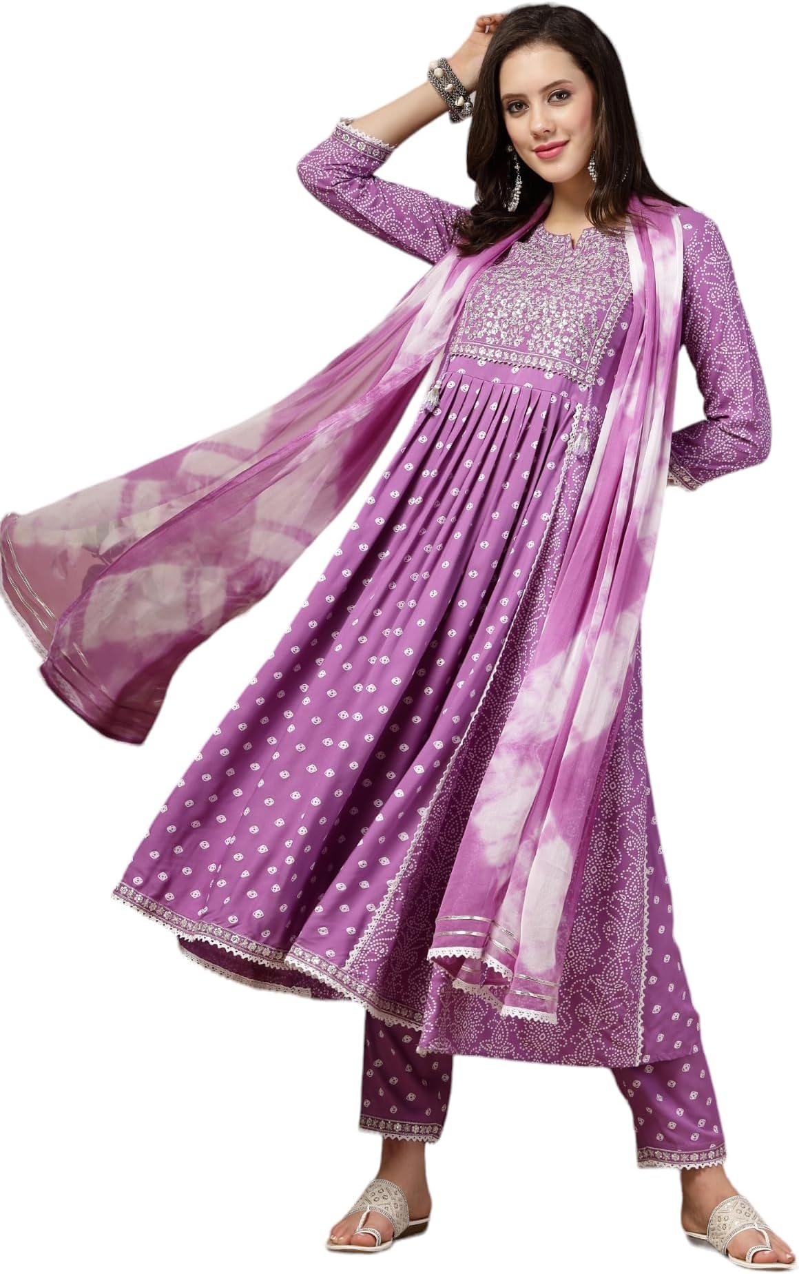 Stylum Women's Bandhej Printed Rayon Flared Kurta Pant With Dupatta