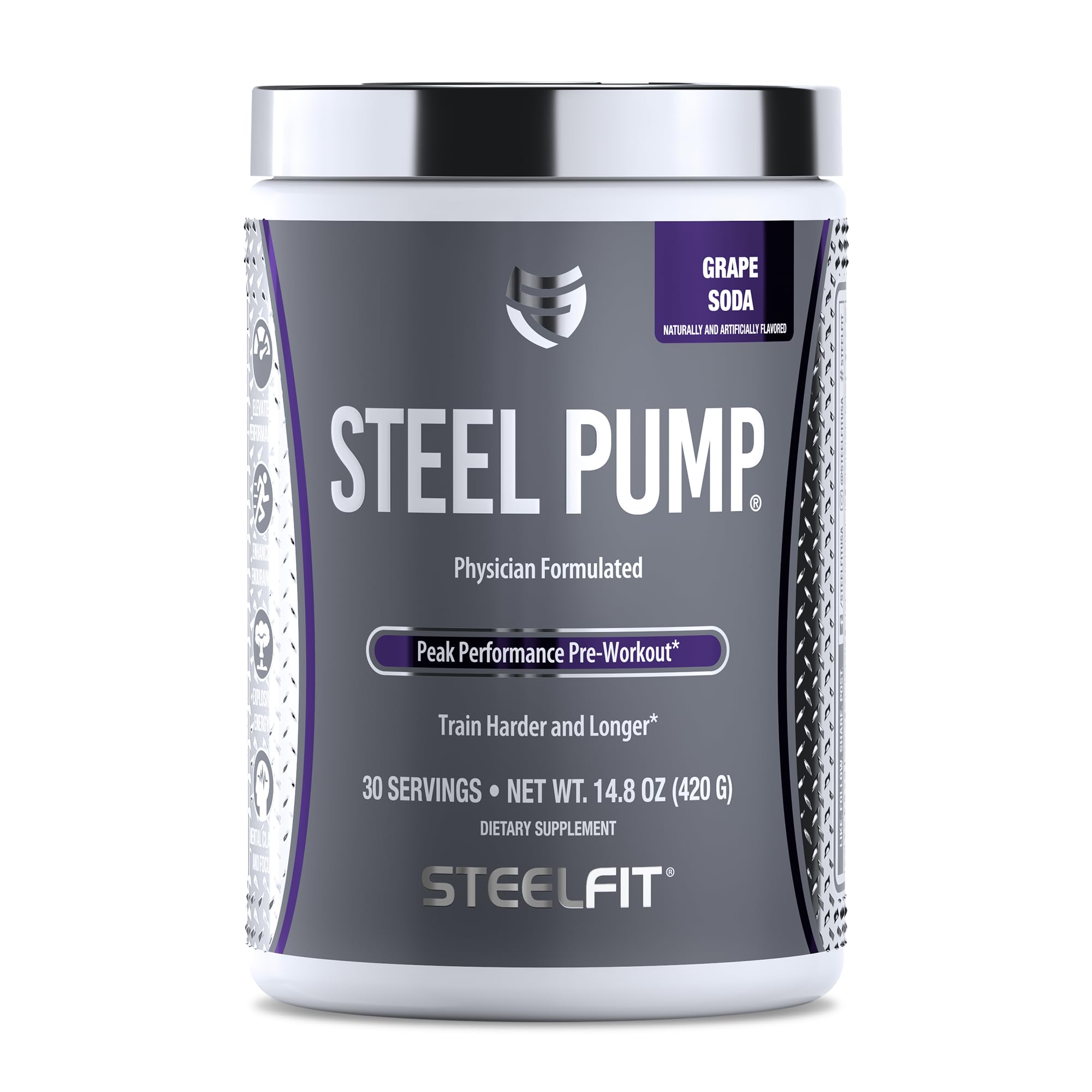 SteelFitSteel Pump | Advanced Pre Workout Powder & Nitric Oxide Supplement | Grape Soda, 30 Servings | for Muscle Building & Recovery | Made with Peak ATP, Ashwagandha, & Electrolytes
