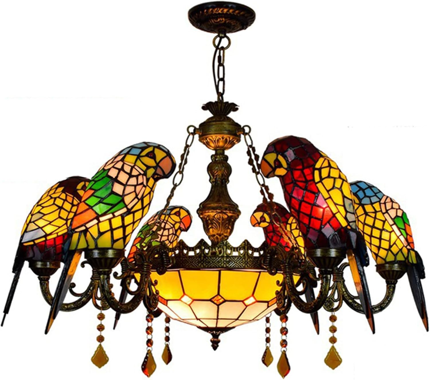 Tiffany-Style Victorian 6-Light Parrot Chandelier, European Red Dragonfly Stained Glass Multi-Head Pendant Lamp Fixture Ceiling Hang Light for Living Room Villa Dining Room,Parrot