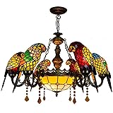 Tiffany-Style Victorian 6-Light Parrot Chandelier, European Red Dragonfly Stained Glass Multi-Head Pendant Lamp Fixture Ceiling Hang Light for Living Room Villa Dining Room,Parrot