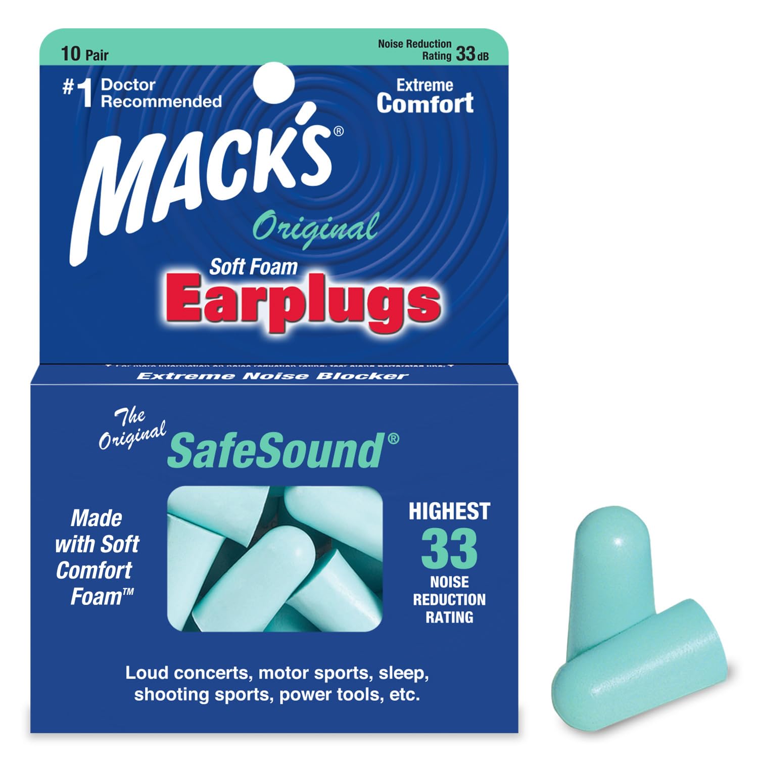 Mack'sOriginal Soft Foam Earplugs, 10 Pair - 33B Highest NRR, Comfortable Ear Plugs for Sleeping, Snoring, Work, Travel & Loud Events | Made in USA