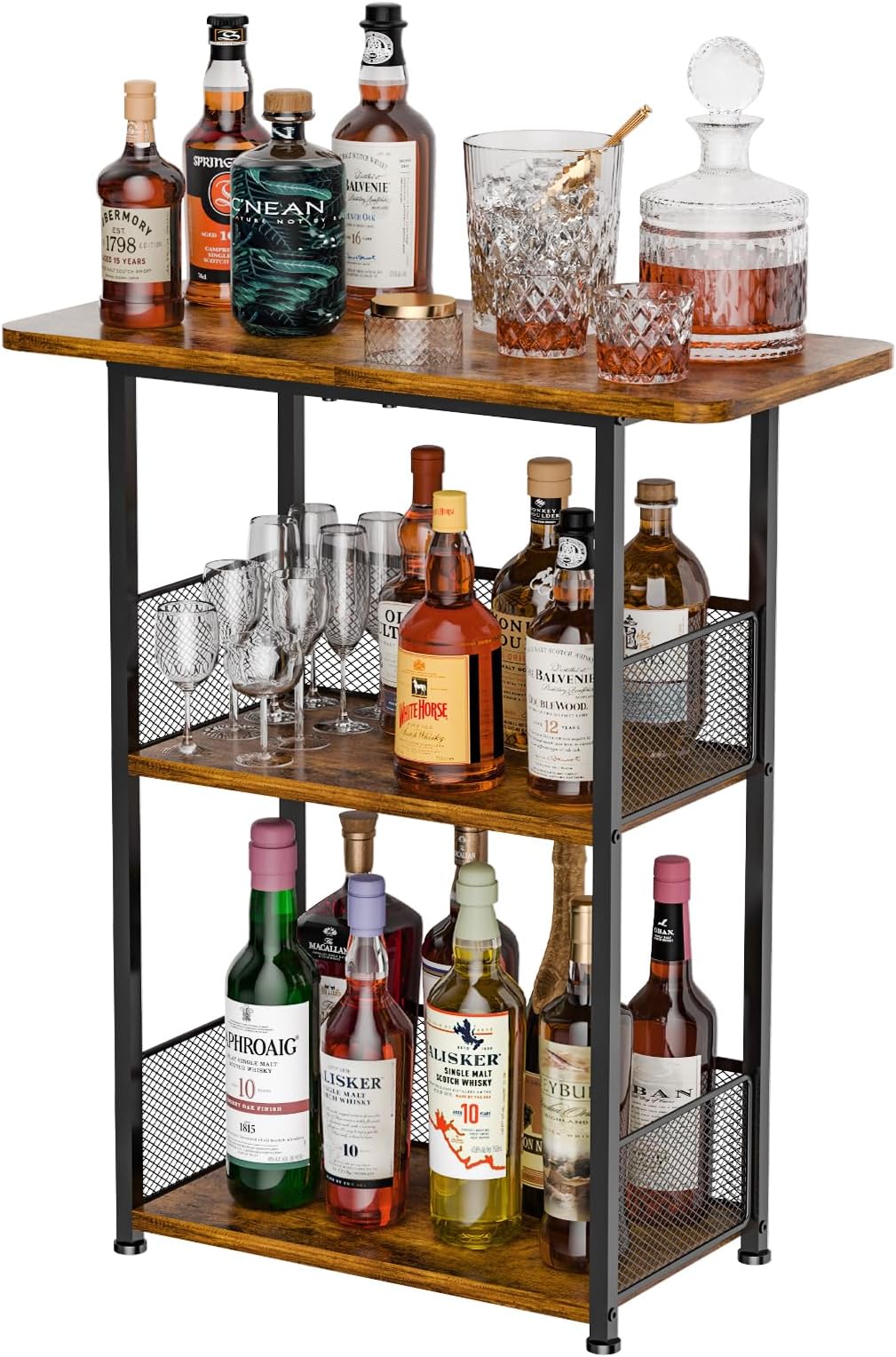 Eyteenokk Freestanding Wine Rack,3-Tier Small Mini Bar Table Liquor Cabinet with T-Shaped Countertop,Rustic Wood Metal Floor Wine Bottle Storage Stand for Home Bar Corner-23.62 x 9.44 x 27.67inches