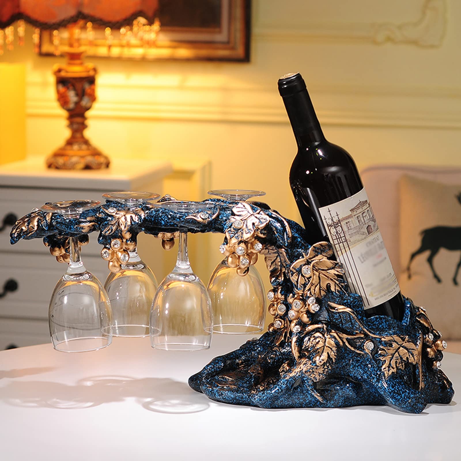 Exquisito Soporte para Botella de Vino de Vid, Estante de exhibición de Resina para Botella de Vino con 4 Agujeros para Colgar Copas