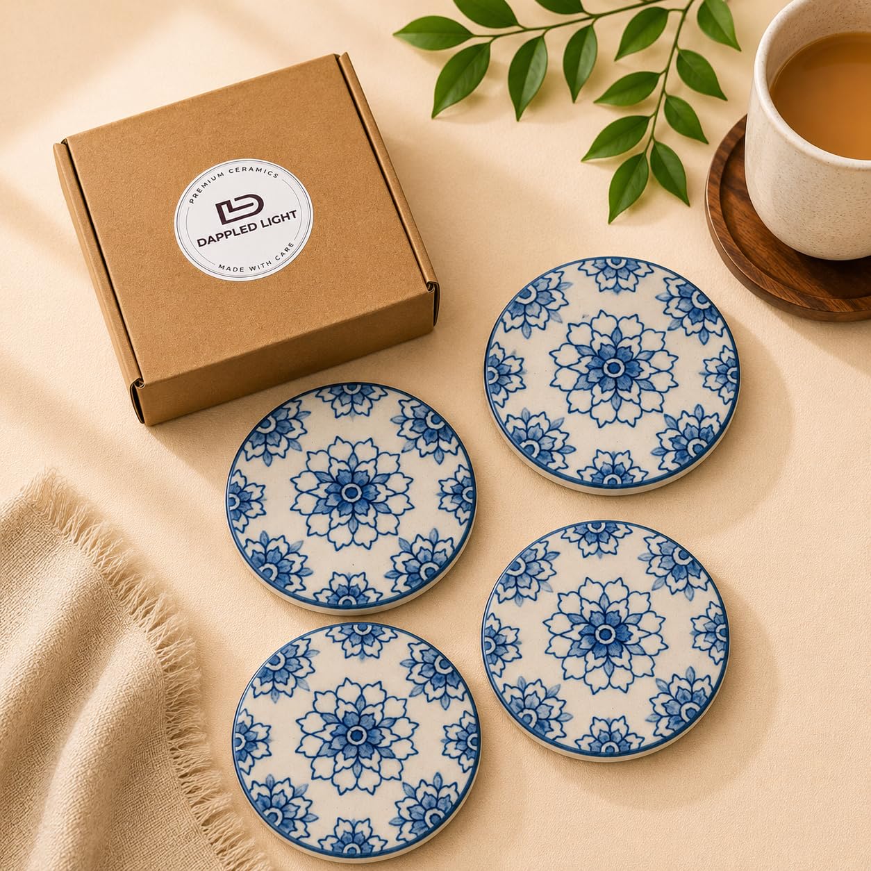 Hand Painted Ceramic Coasters - Set of 4 | Blue Floral Tea & Coffee Coasters for Dining Table | Stoneware Drink Coaster Set for Home & Kitchen-image-7