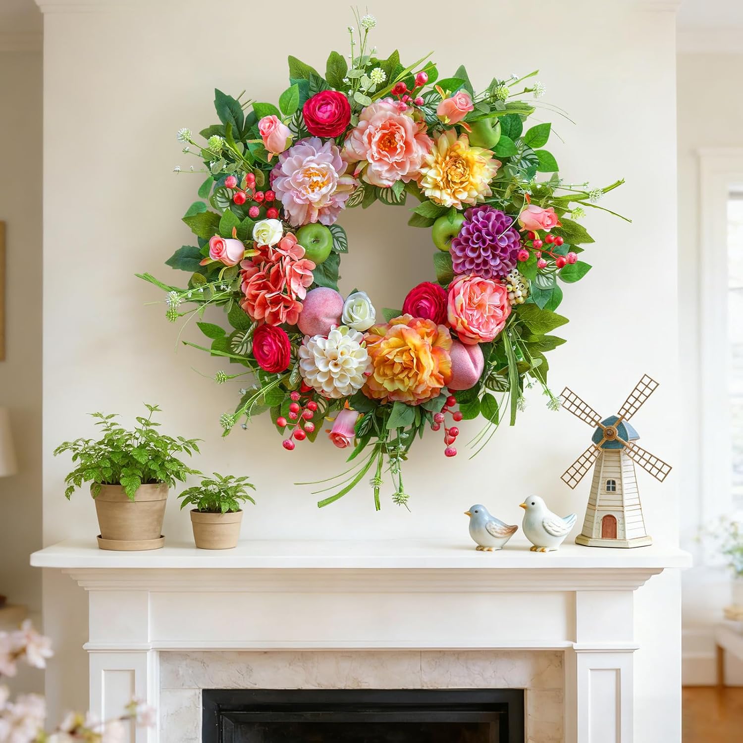 Spring Wreaths for Front Door 24 Inch Lush Summer Flower Wreath with Peonies, Dahlias, Roses, Pink Hydrangeas & Realistic Fruit Accents, Unique Spring Door Wreath for Porch & Entryway Decor