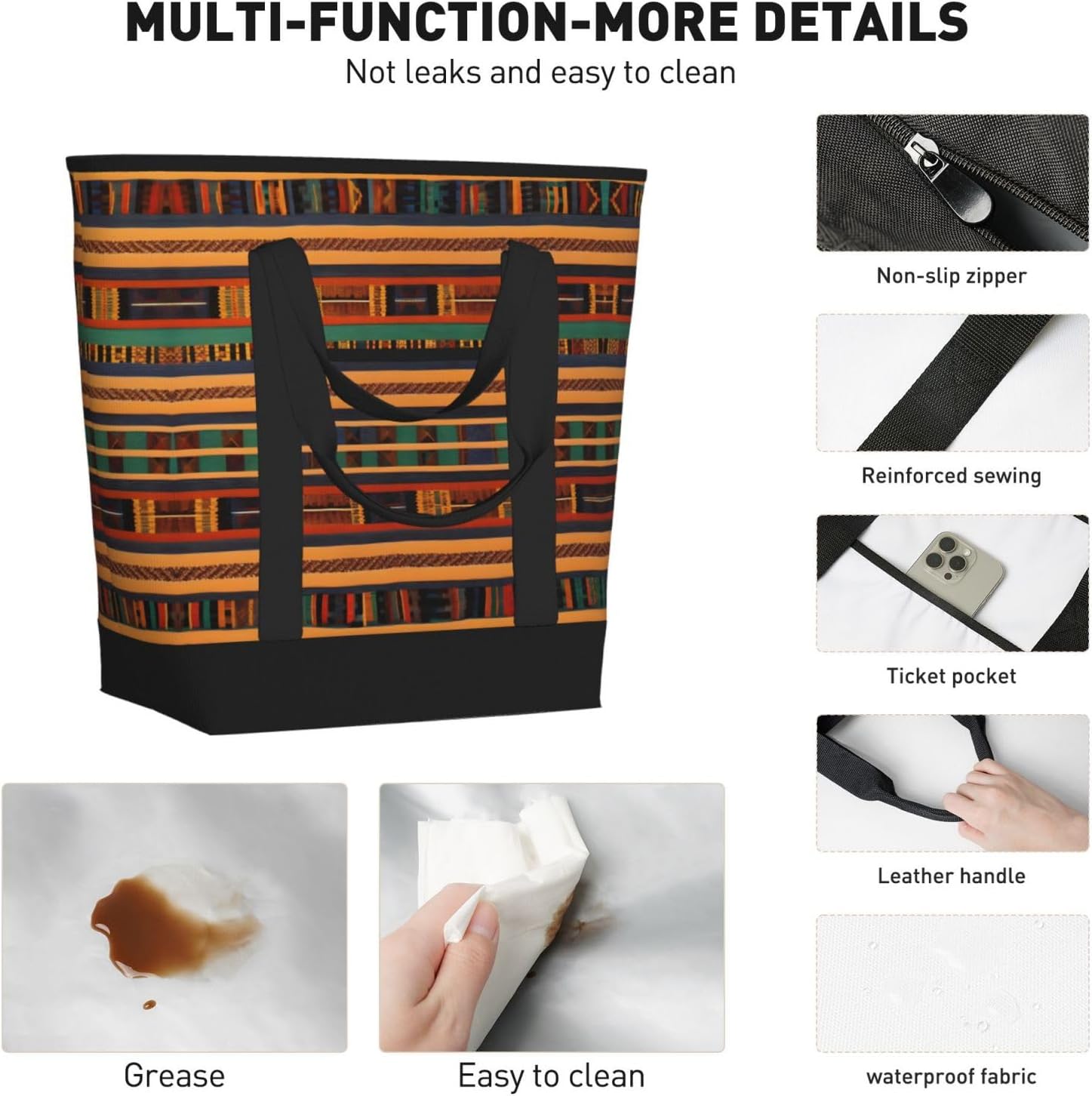 African Weaving Print Large Cooler Bag Tote Bag,Reusable Grocery Bag,Lunch Box Bag, For Picnic Beach Camping