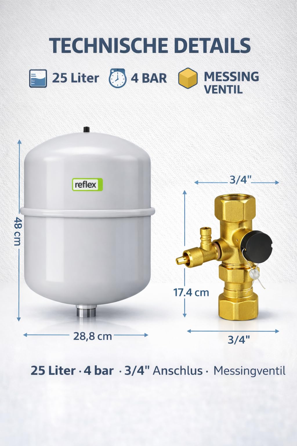 Reflex N 25 Membran-Druckausdehnungsgefäß 25 l, grau + Kappenventil 4 bar 3/4"×3/4" Messing mit KFE-Hahn – für geschlossene Heiz-/Kühlwassersysteme, DIN EN 13831, PED 2014/68/EU