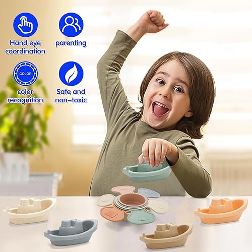 Miniatura 5 de Juguetes de baño para niños pequeños, paquete de 11 botes flotantes con cuchara de baño, juguete de bañera sin moho para bebés, niños y niñas a