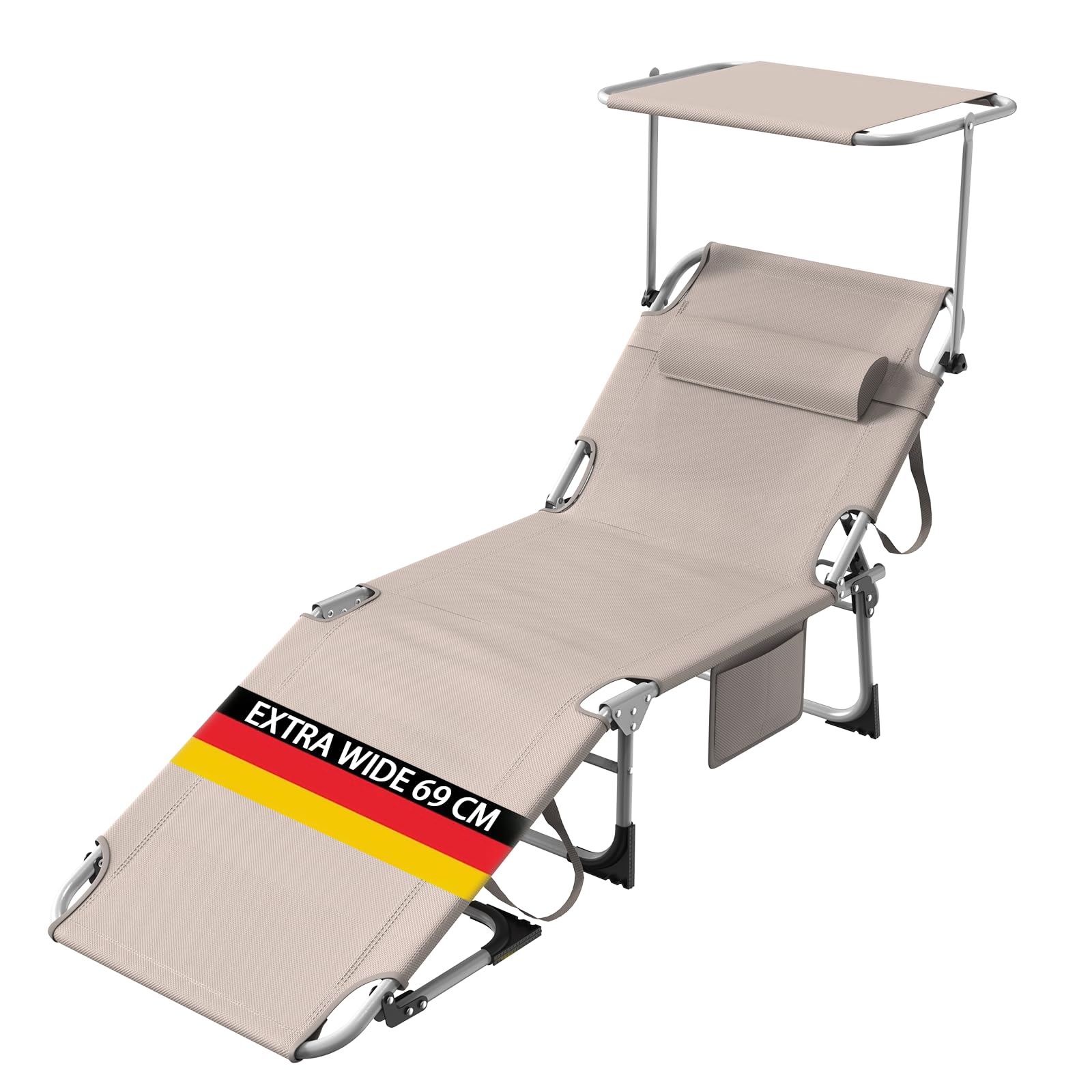 Chaise Longue Bain de Soleil Pliable avec Poche Latérale, Pare-Soleil 360° Ajustable, Transat Extra Large 68 cm, Dossier Inclinable et Appuie-Tête, pour Jardin-Plage-Camping, Tissu Oxford 600D, Kaki