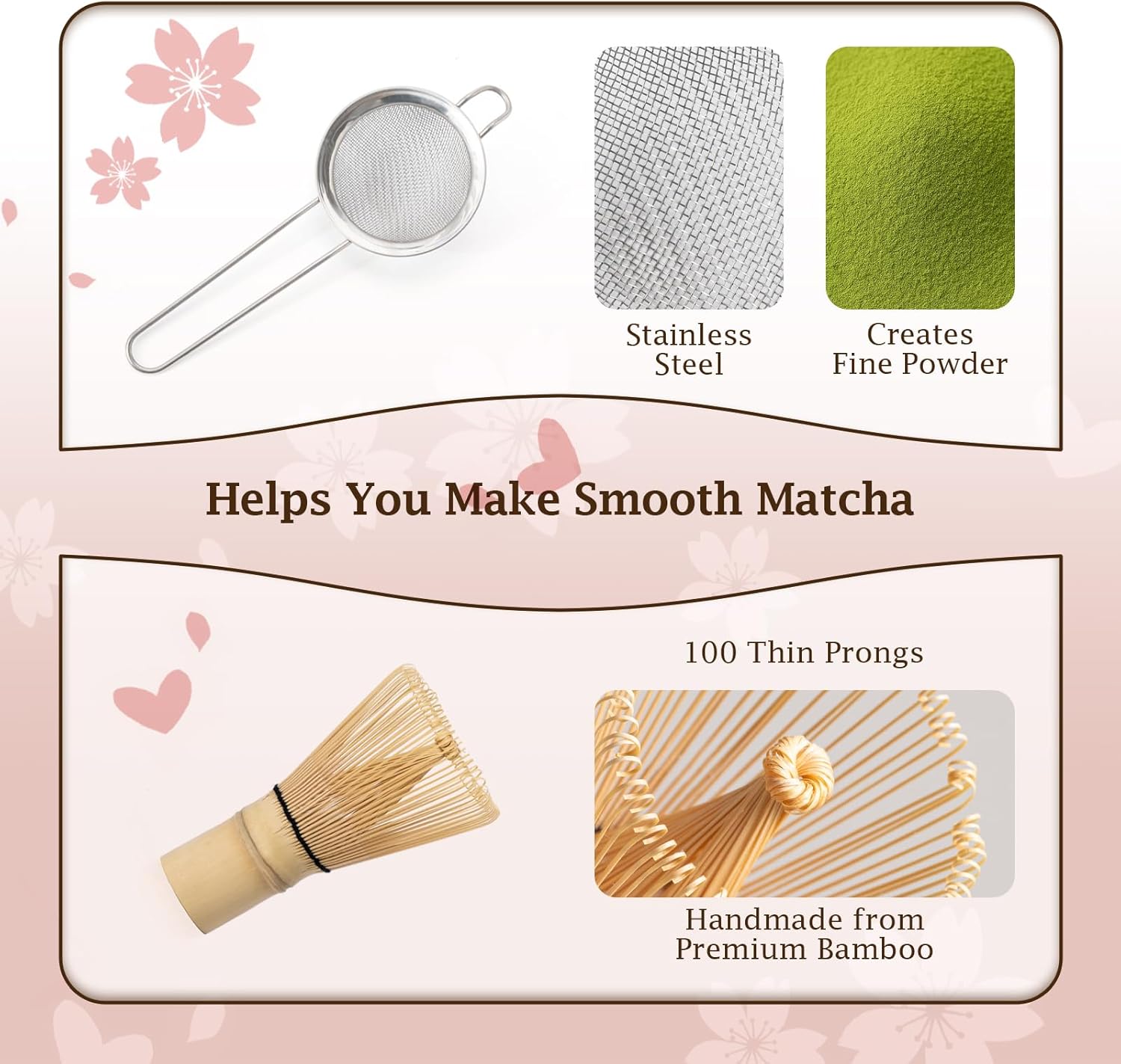 7 Pcs Matcha Whisk Set, Includes Heart Shaped Matcha Bowl with Spout, Holder And Rest, Bamboo Whisk And Scoop, Stainless Steel Sifter, Tea Towel. Complete Matcha Kit for Beginners And Gifts - Image 6
