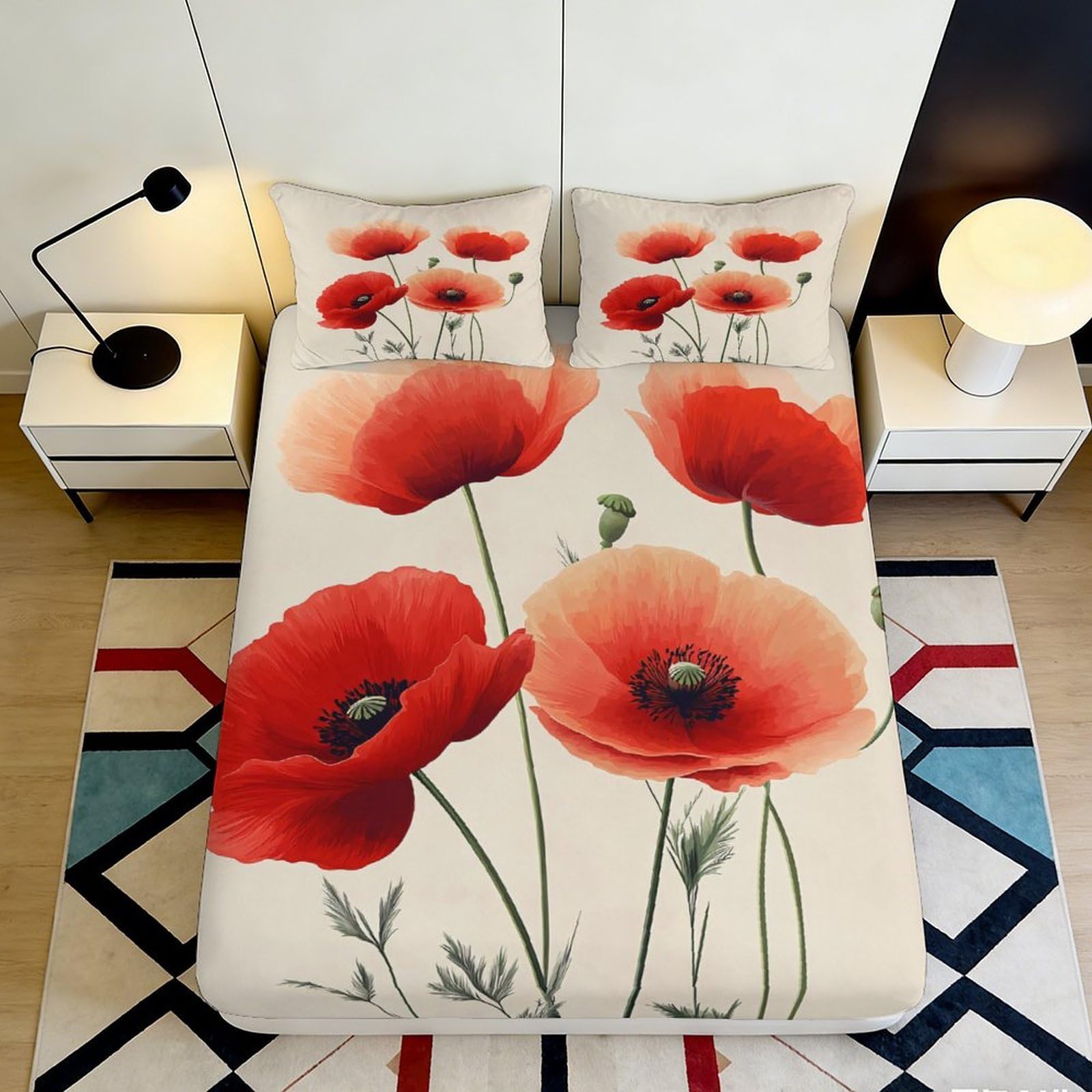 3D Printed Red Poppy Fitted Sheet Microfiber Soft Breathable Floral Bed Cover for Bedroom Dormitory Guest Room Mattress Protection Decor 180x200x25cm