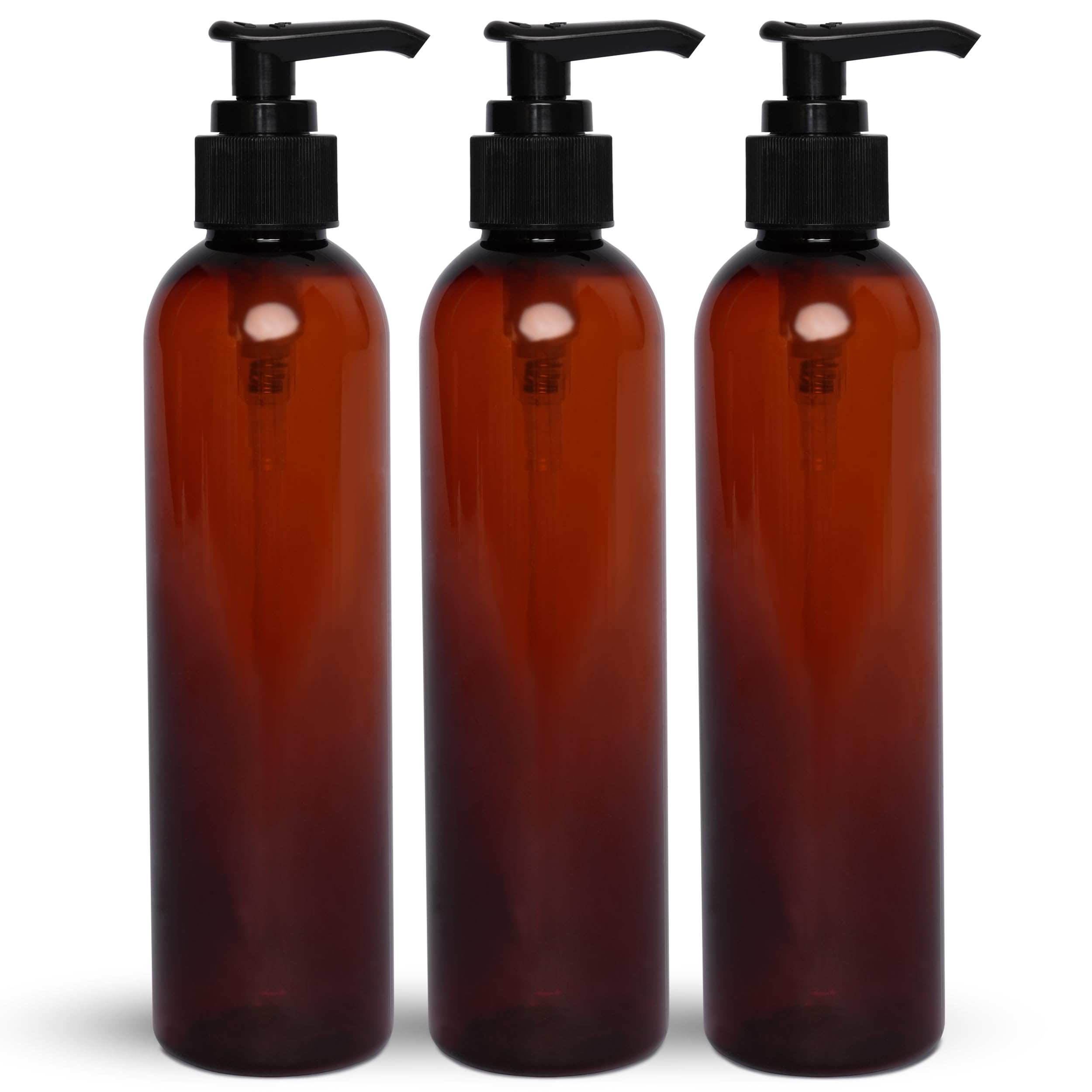 BRIGHTFROM Lotion Pump Bottles, Empty 8 OZ, BPA-Free Refillable Plastic Containers, Amber with Black Dispenser for - Soap, Shampoo, Lotions, Liquid Body Soap, Creams and Massage Oil (3 PACK)