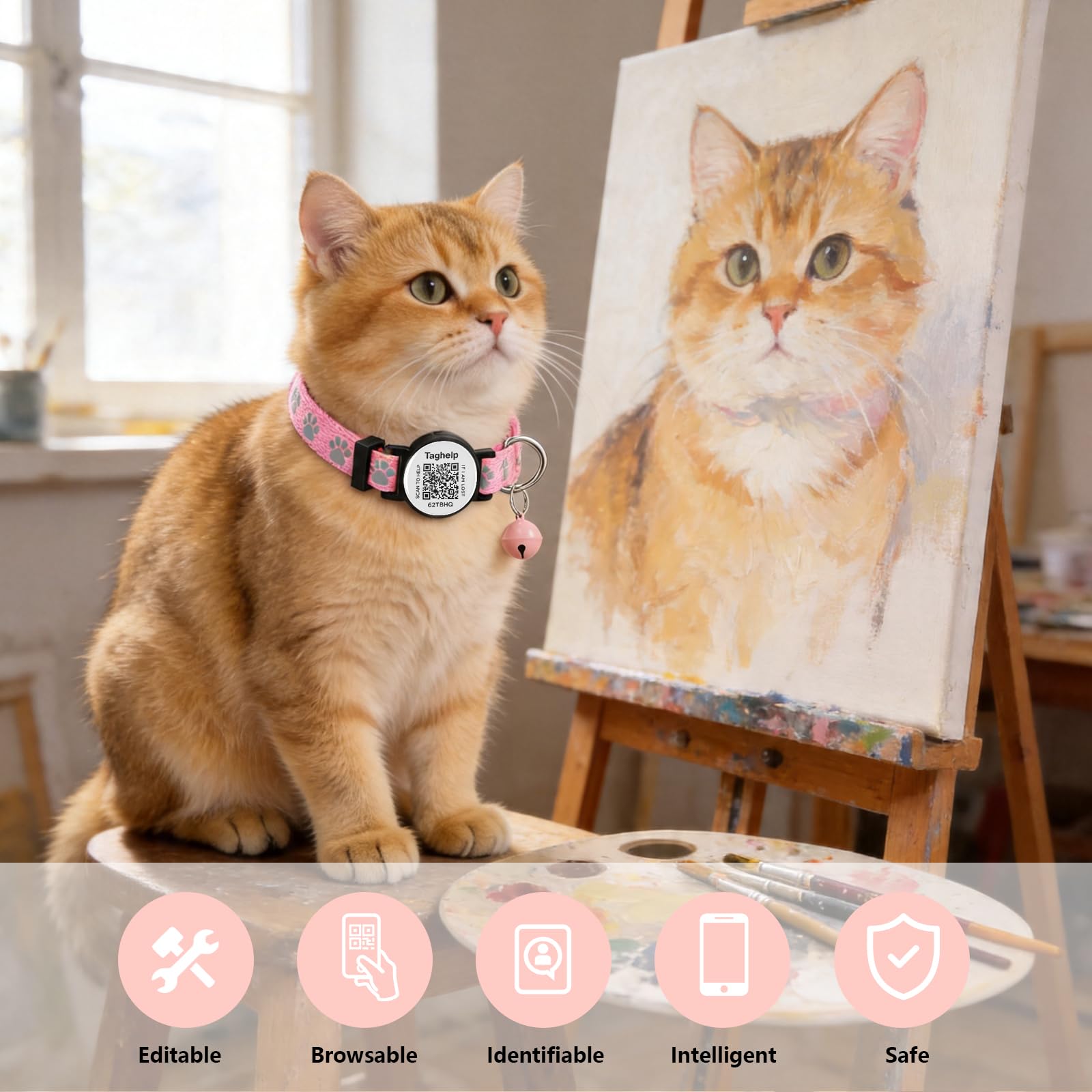 Reflektierendes Katzenhalsband mit Mond und Stern, mit QR-Code, Smart-ID-Tag und Glocken, 2 Stück, für Mädchen und Jungen, verstellbar, 19,1 - 32,5 cm, keine App, Rosa