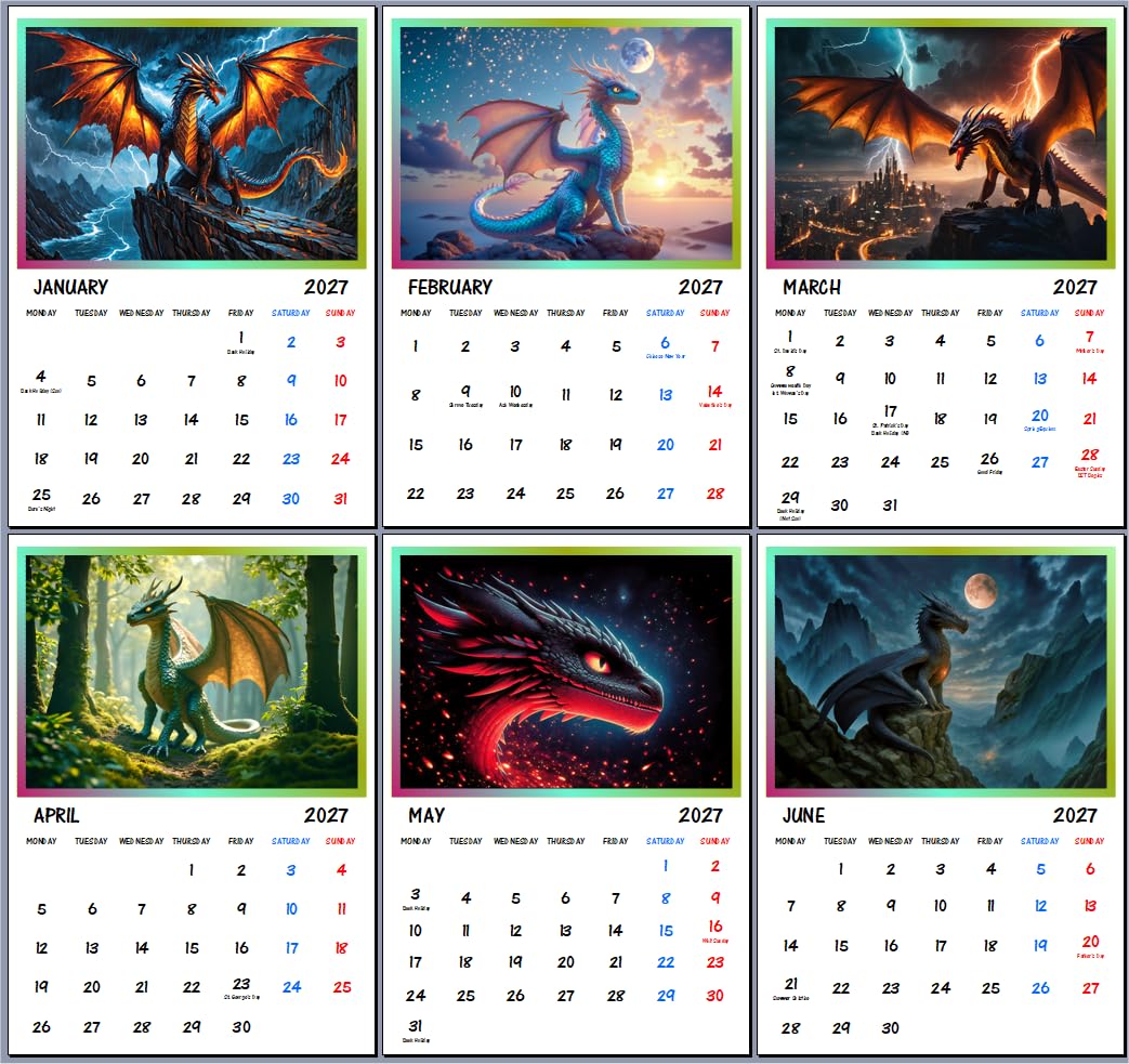 Dragons 2027 Art Wall Calendar A4