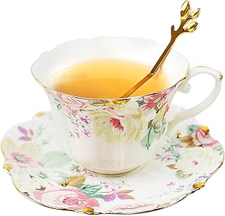 Country Roses Porcelain Tea Cup and Saucer Set with Gold Trim, Vintage Style, For Women and Tea Parties (1, Pink)