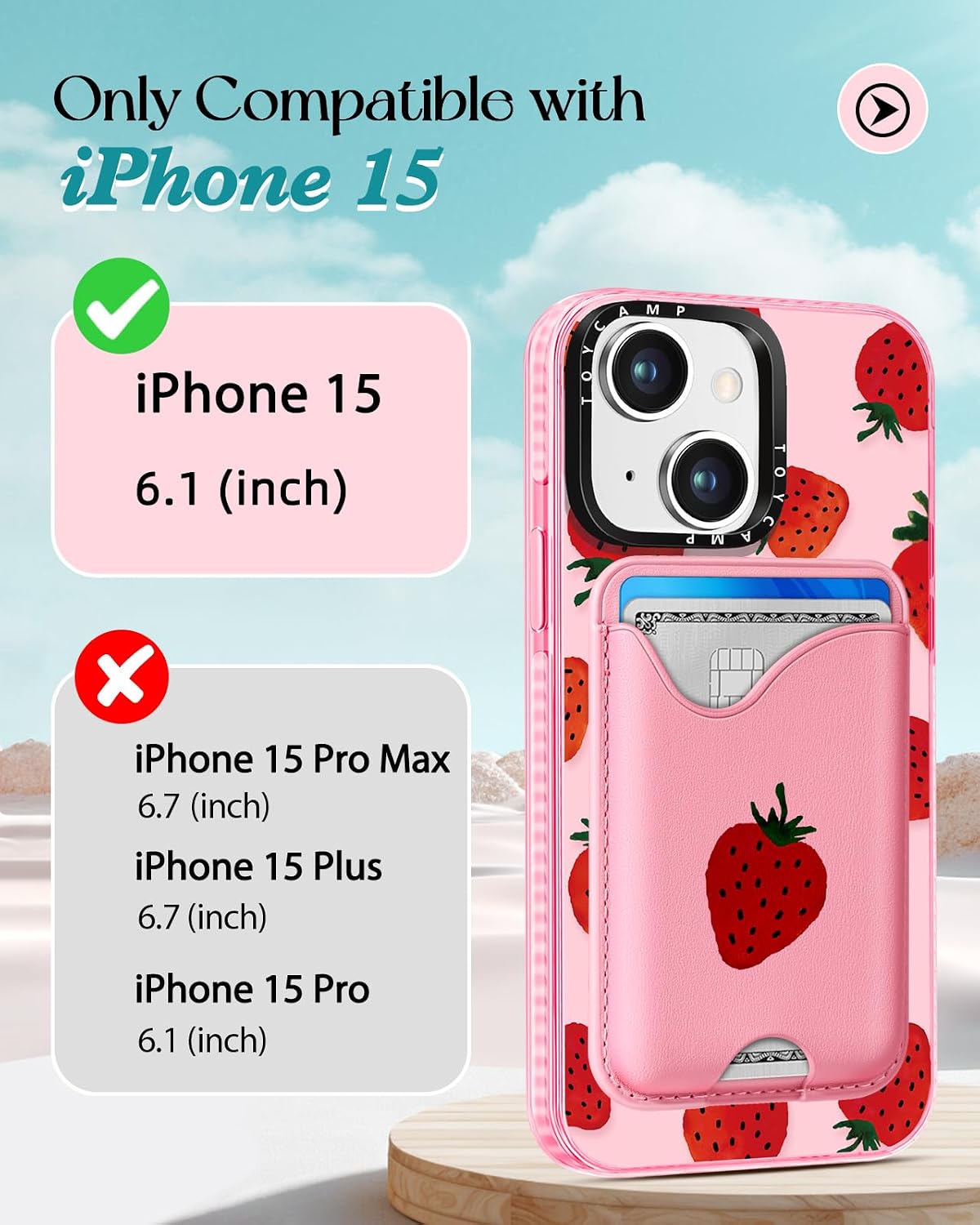 Toycamp for iPhone 15 Case - Compatible with Magsafe with Credit Card Holder Wallet Magnetic Cute Women Teen Girls Kawaii Girly Unique Strawberry Design Pretty Phone Cover for Apple 15 6.1" image 2