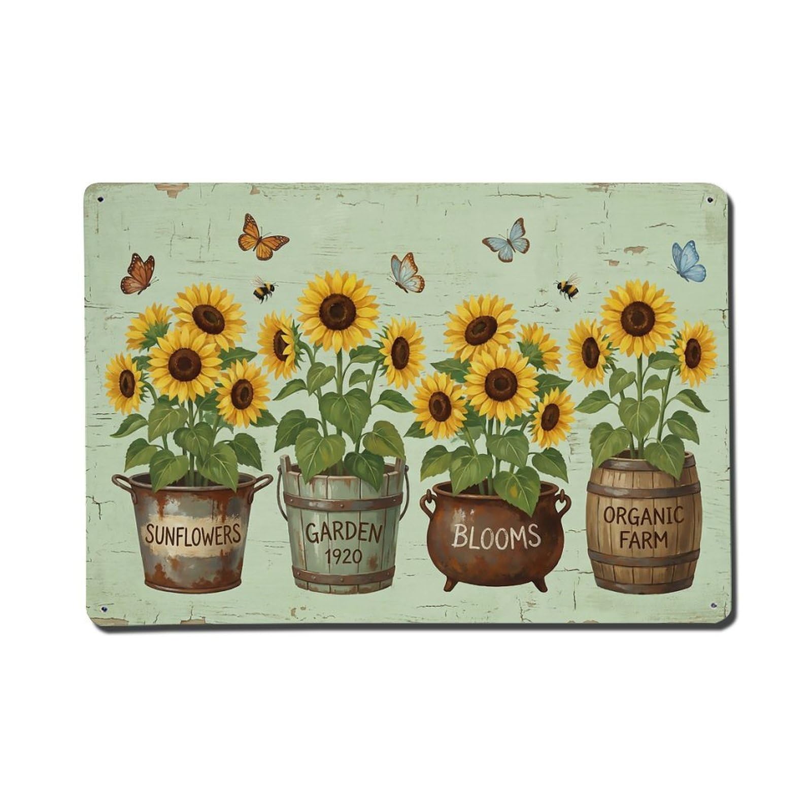 Vintage Rustic Flower Potted Plants Sunflower Metal Tin Sign