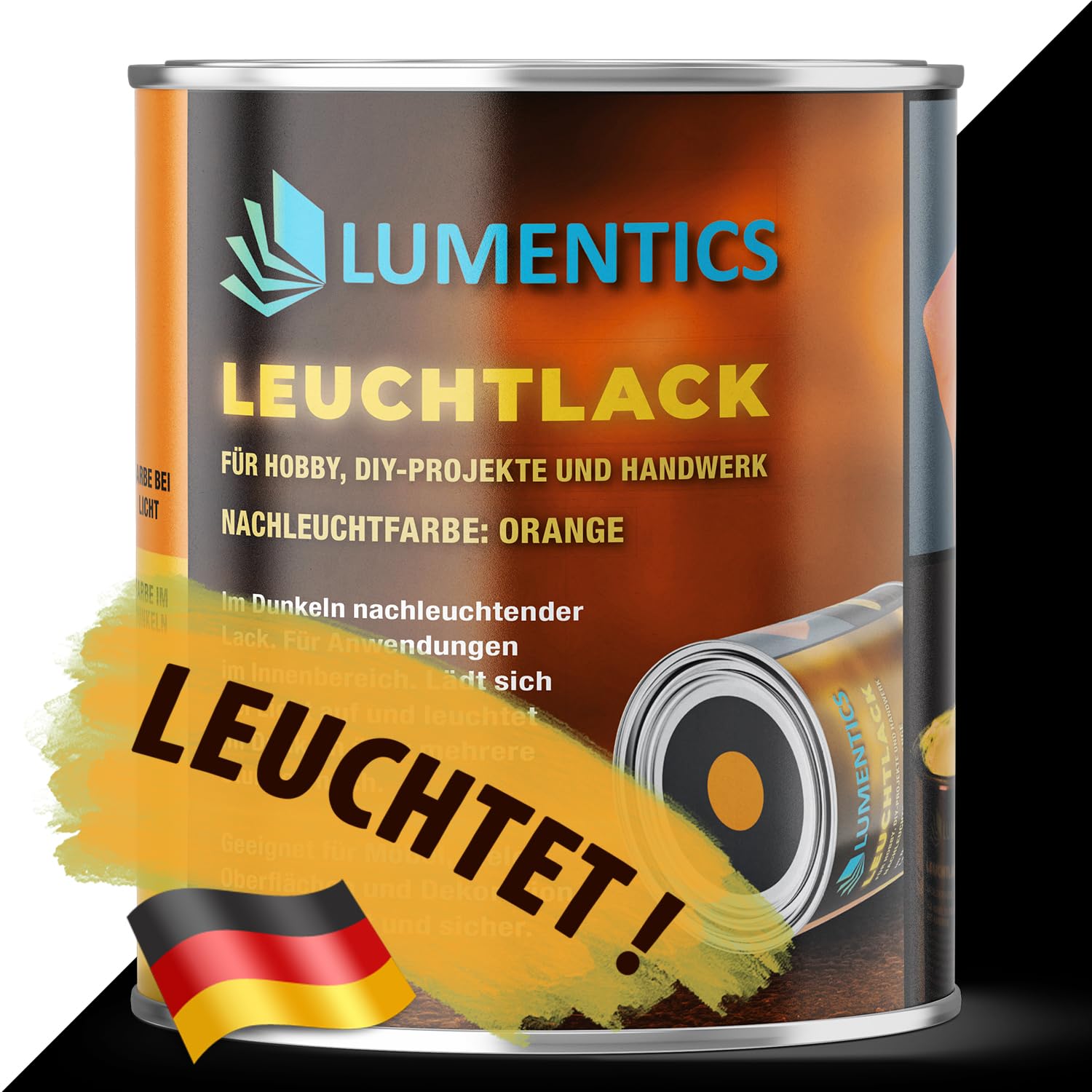 LUMENTICS Lack nachleuchtend Orange 250ml - Farbe leuchtet im Dunkeln - Selbstleuchtender Lack auf Acrylbasis - Leuchtlack phosphoreszierend, fluoreszierend, wiederaufladbar, geruchsarm