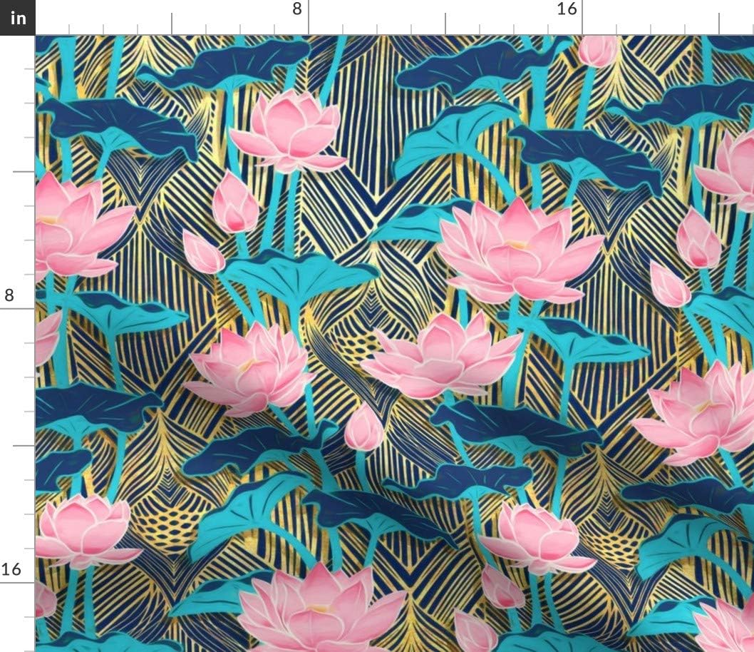 Spoonflower Fabric - Art Deco Lotus Flowers Pink Navy Vintage Leaves Teal Floral Nouveau Printed on Petal Signature Cotton Fabric by The Yard - Sewing Quilting Apparel Crafts Decor