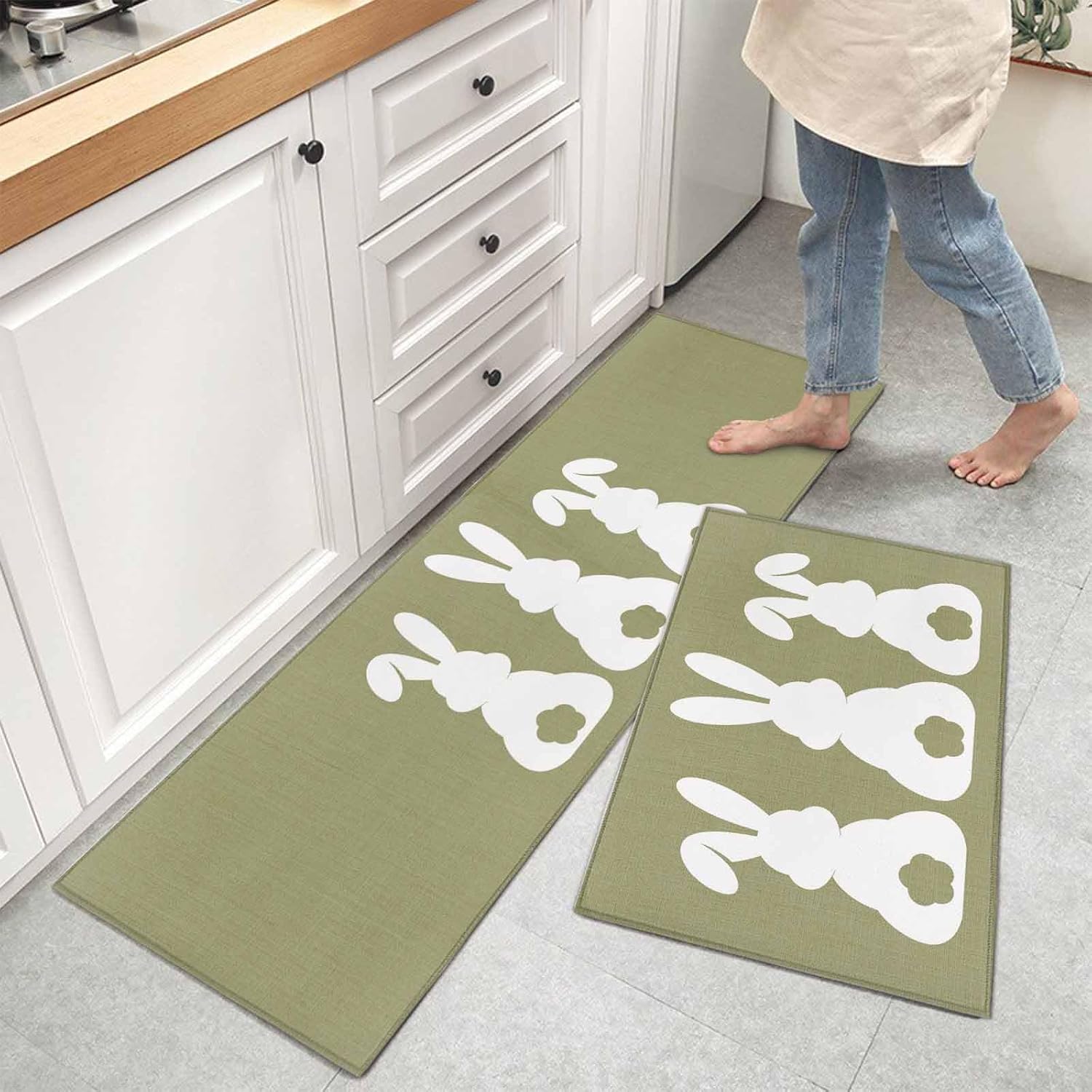 Kitchen Mats for Floor Easter Day White Bunny Washable Non Slip Kitchen Rugs 2PCS, Retro Green Linen Texture Absorbent Standing Mats for Sink Bathroom Office Living Room 15.7x23.6in+15.7x47.2in