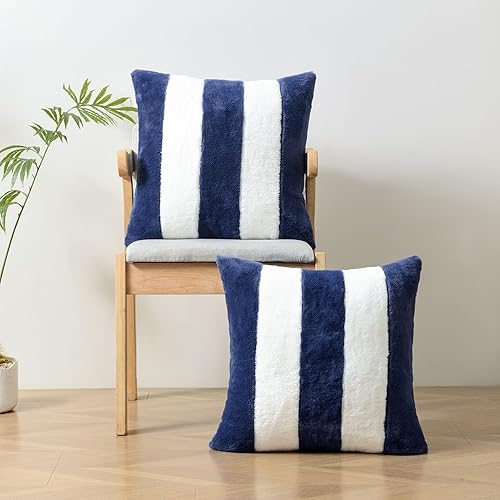 Miniatura 4 de HAUSSY Paquete de 2 fundas de almohada decorativas de color azul marino + blanco a rayas de 18 x 18 pulgadas, piel sintética suave de conejoparte