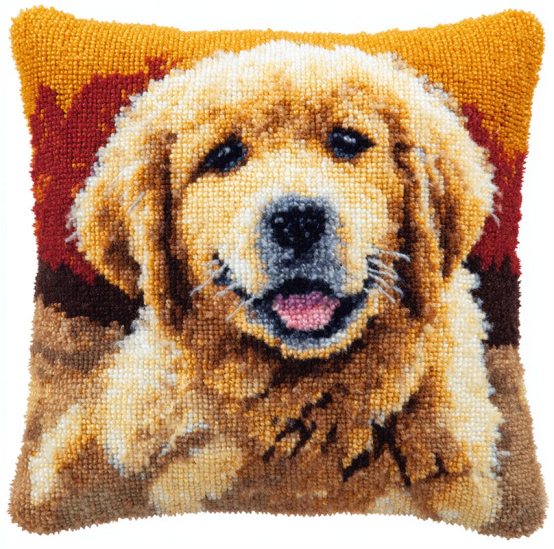 Kitquiver Animal Cushion Making Kit Cartoon Golden Retriever Cushion Pillow Front Chunky Cross Stitch Kits DIY Embroidery Needlepoint Kit for Home Décor 17x17In
