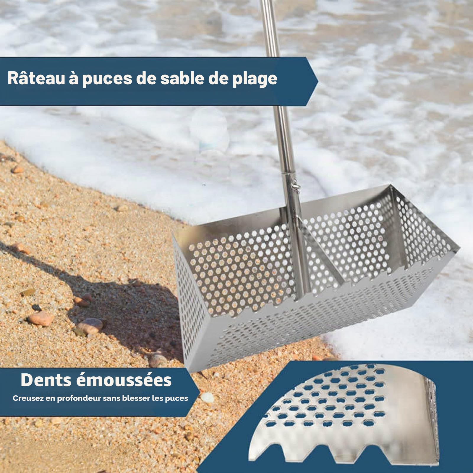 Grand râteau à sable en acier inoxydable avec long manche, dents pointues, tamis de plage pour tamiser le sable et la chasse au trésor