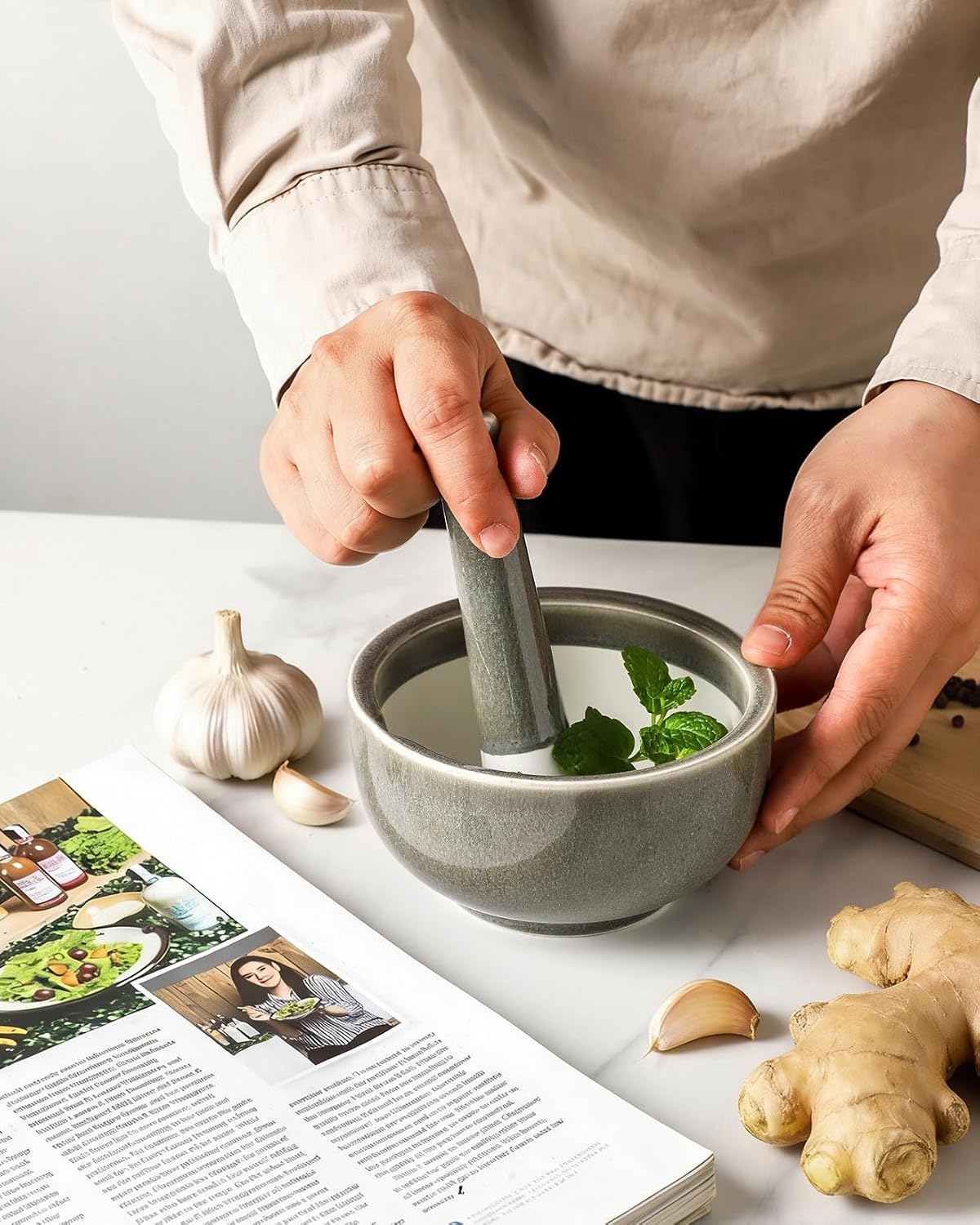 Mortar and Pestle Set - Stable Heavy Tripod Base on Countertop