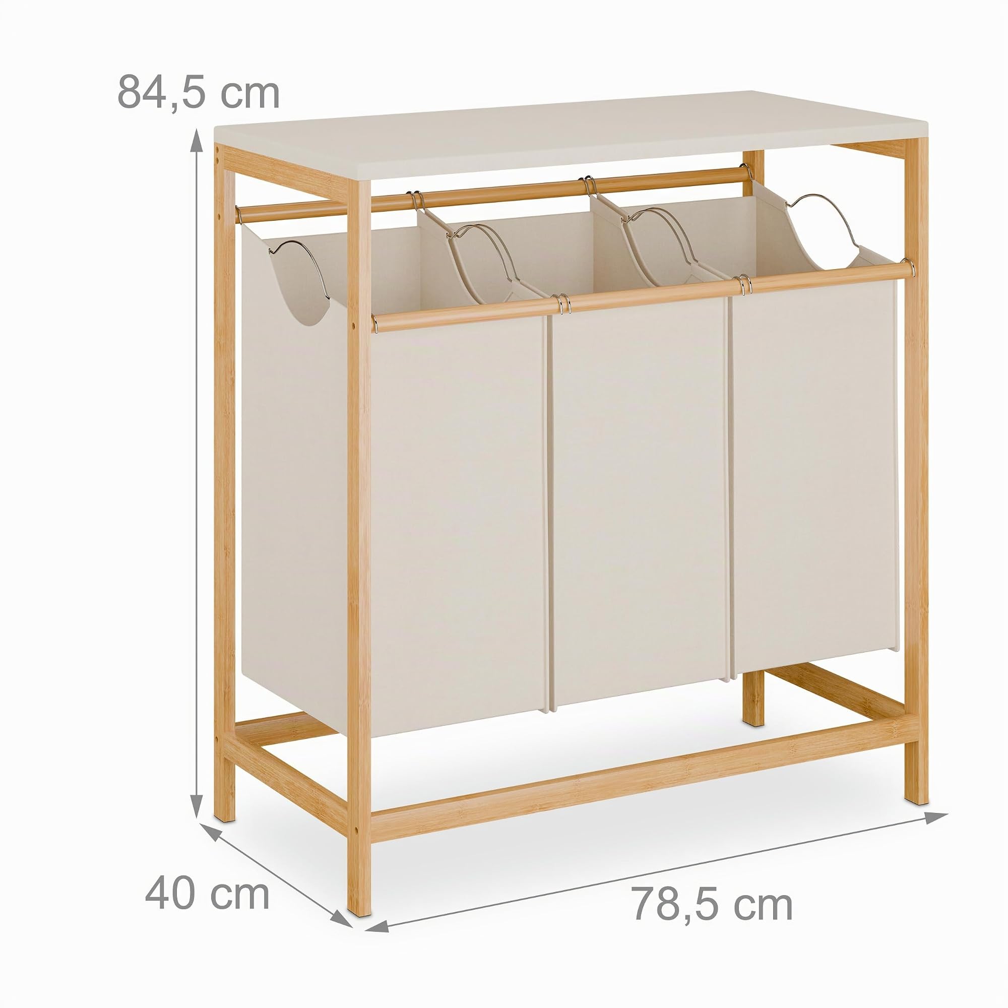 Relaxdays Wäschesammler mit 3 ausziehbaren Wäschekörben, klappbare Ablage, HBT: 84,5 x 78,5 x 40 cm, Bambus, natur/creme