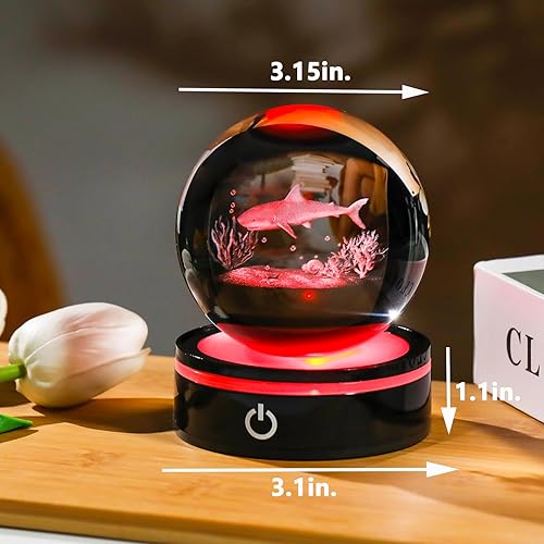 Miniatura 3 de YWHL Figura de tiburón 3D con bola de cristal con base de luz colorida, regalos de tiburón para mujeres, hombres, amantes de los tiburones en
