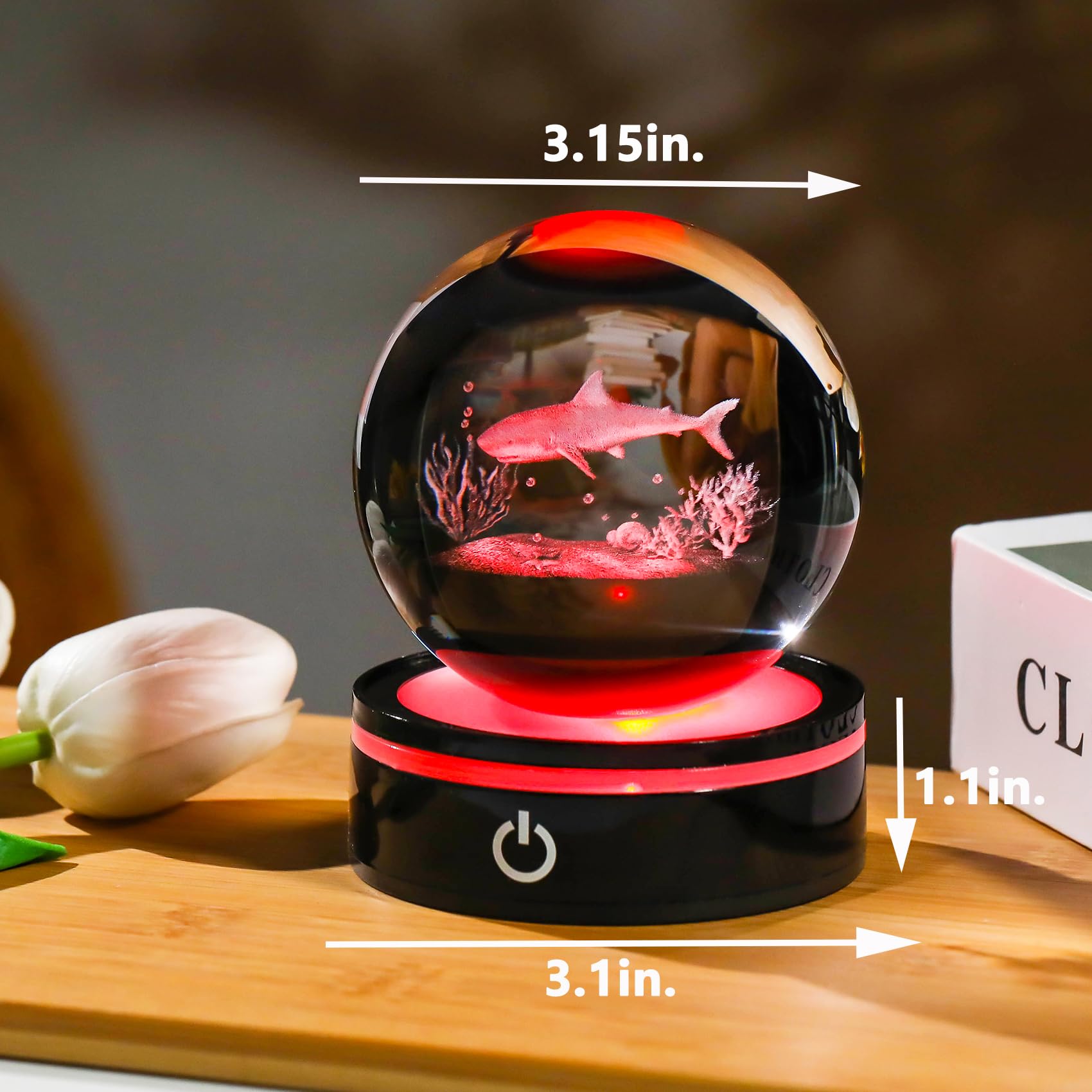 3D Crystal Ball Shark With LED Base – Laser Engraved Glass Ornament, 80mm, Gift For Shark Lovers-781011