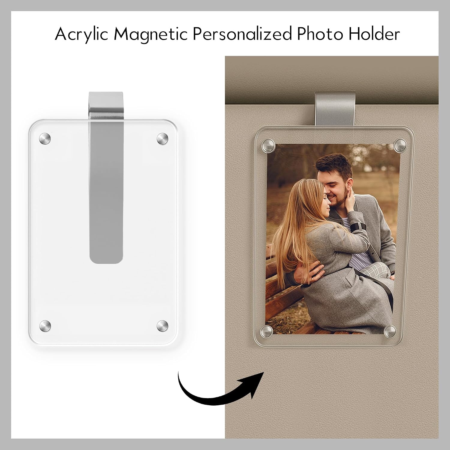2PCS Car Picture Holder, Acrylic Magnetic Holder Car Accessories with Family Photo, Car Visor Clip, Car Picture Frame, New Car Decoration for Women/Men, Gift for him her (no Text, White)