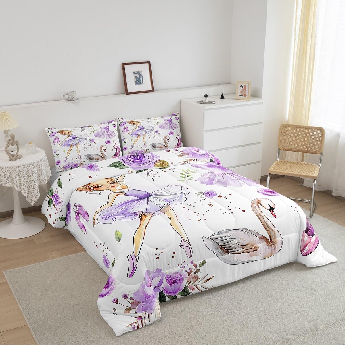 Manfei Ballet Dance Girl Comforter Set,Purple Dancing Dress Shoes Bedding Set Kids Teens Modern Decor,Dreamy Swan Watercolor Flowers Comforter with 1 Pillowcase for All Seasons,Twin