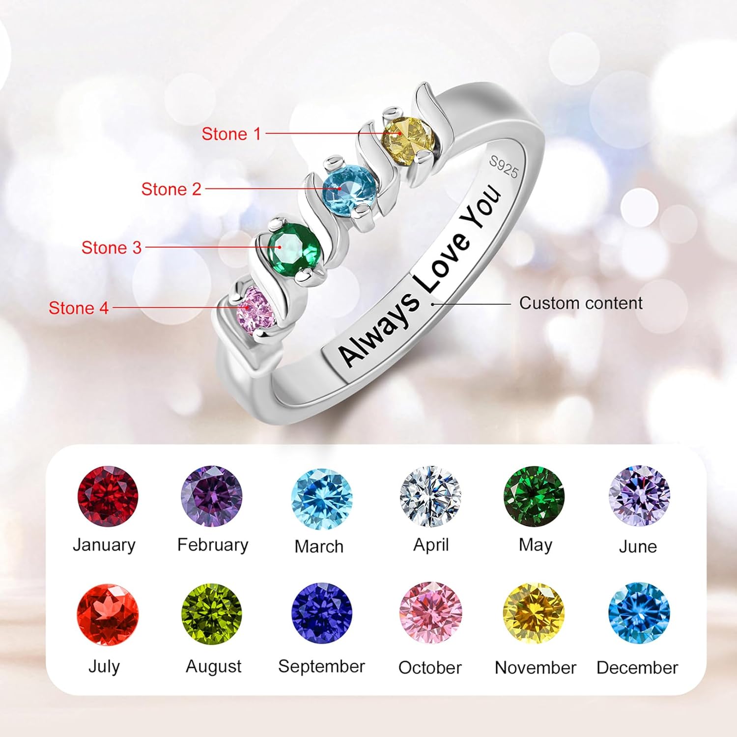 Personalized 2-6 Birthstones Rings for Women 925 Sterling Silver Custom Mothers Rings Engraved Family Ring for Mom Grandma Wife