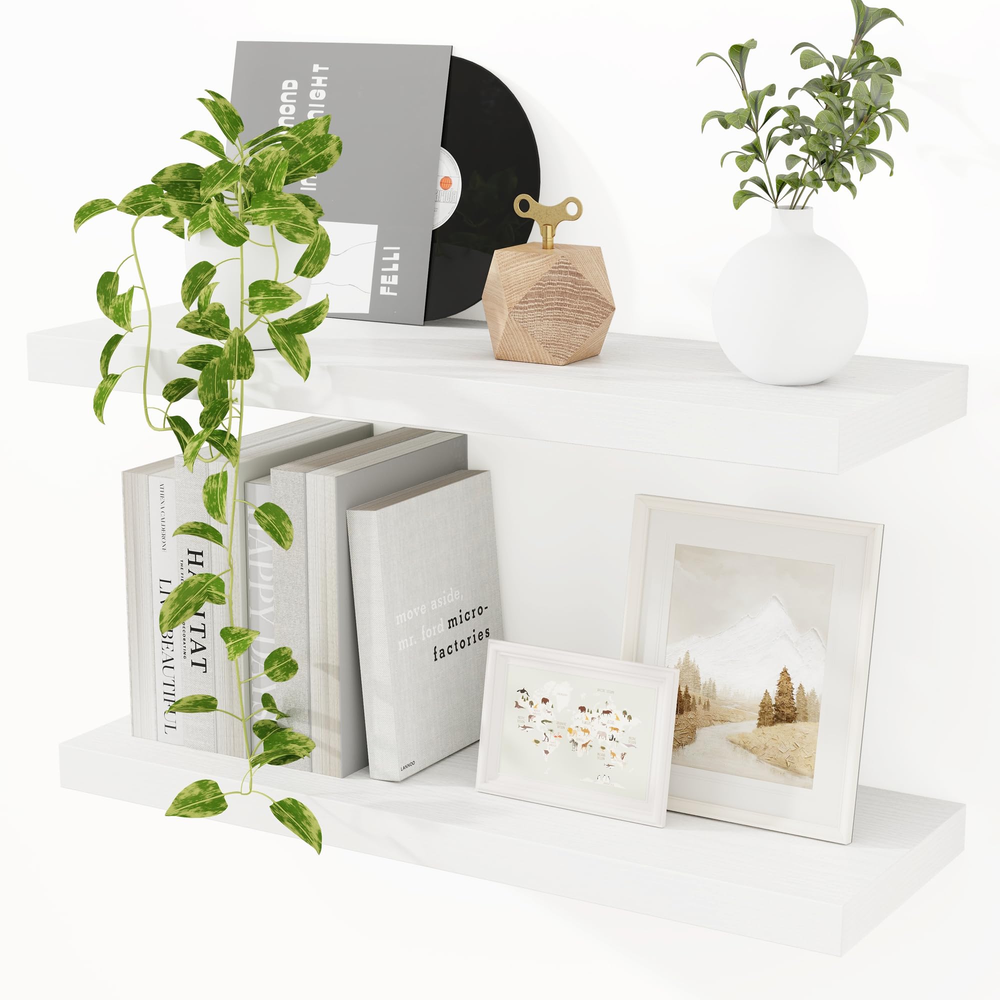 White Floating Shelves, 60 CM Floating Shelves for Wall Storage & Organizer, 23.5cm Deep Shelves Set of 2 for Bathroom, Large Display & Storage Shelves for Bedroom, Living Room, Laundry, Kitchen