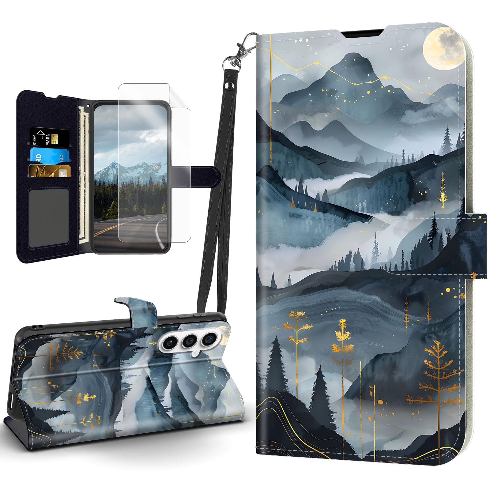 Tudguiloae for Samsung Galaxy S24 FE Case Dark Sky Mountains Flip PU Leather Magnetic Clasp Cell Phone Wallet for Galaxy S24 FE 5G Kickstand