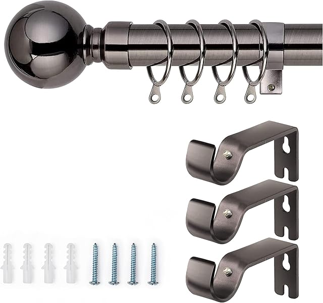AMEHA Curtain Poles Plain Metal Ball Extendable Curtain Pole for Windows Includes Adjustable Curtain Rod, 60 mm Finials, Rings, Brackets and Fitting Set (160-300cm, 63 Inch-118 Inch, Black Nickel)