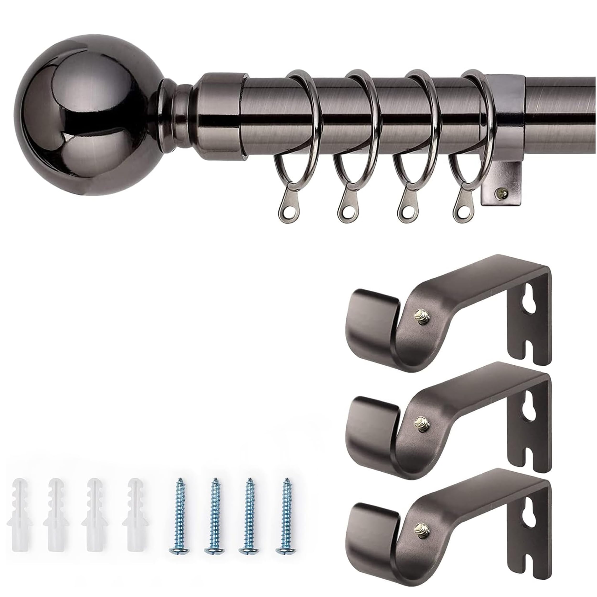 AMEHA Curtain Poles Plain Metal Ball Extendable Curtain Pole Includes Adjustable Curtain Rod, 60 mm Finials, Rings, Brackets and Fitting Set (120-210cm, 48 Inch to 84 Inch, Black Nickel)