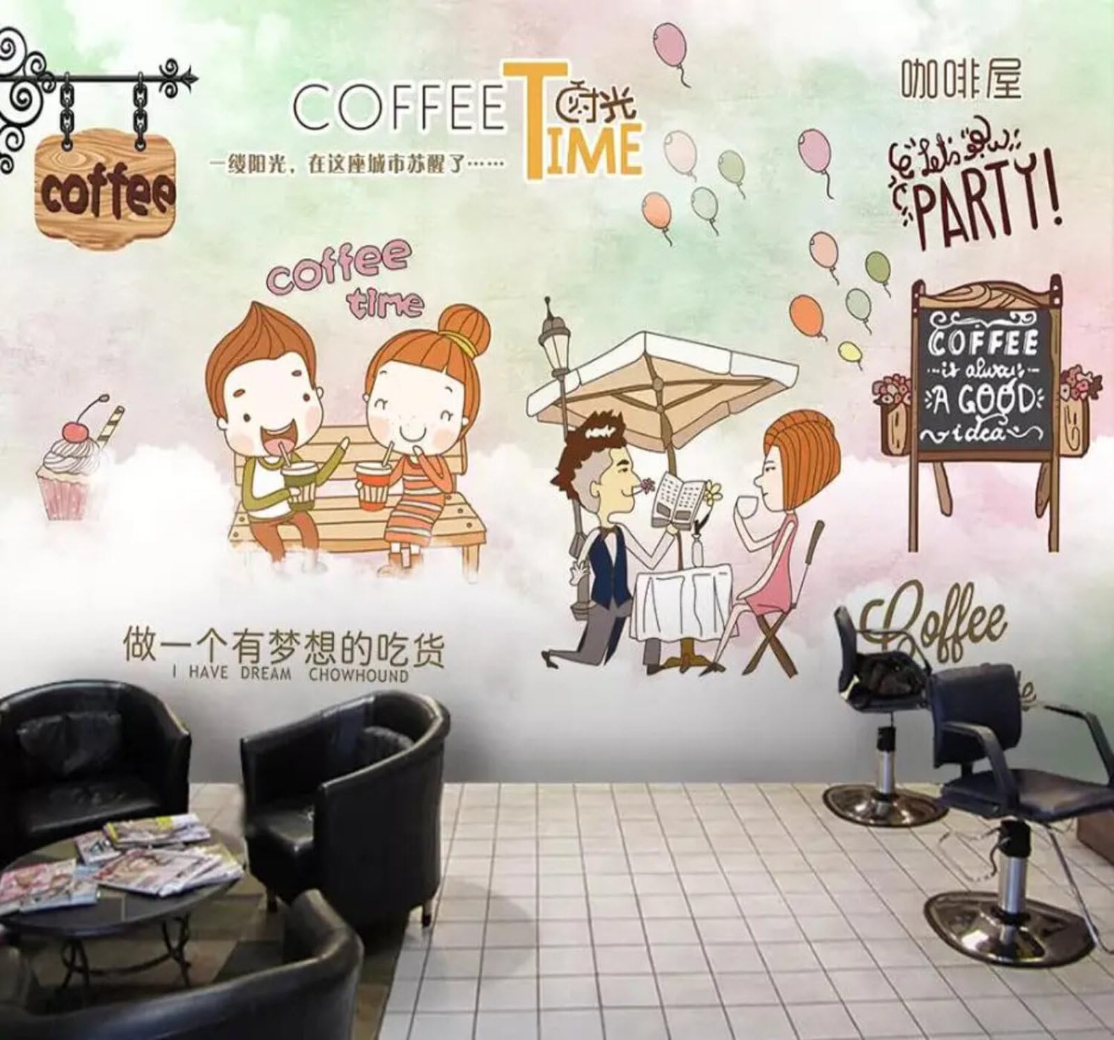 Tzxztt Creative Cartoon Cute Characters Café Modern 3D Wallpaper Premium Textured Silk Neutral Tones Material Ideal for Living Room Bedroom-250cm×170cm