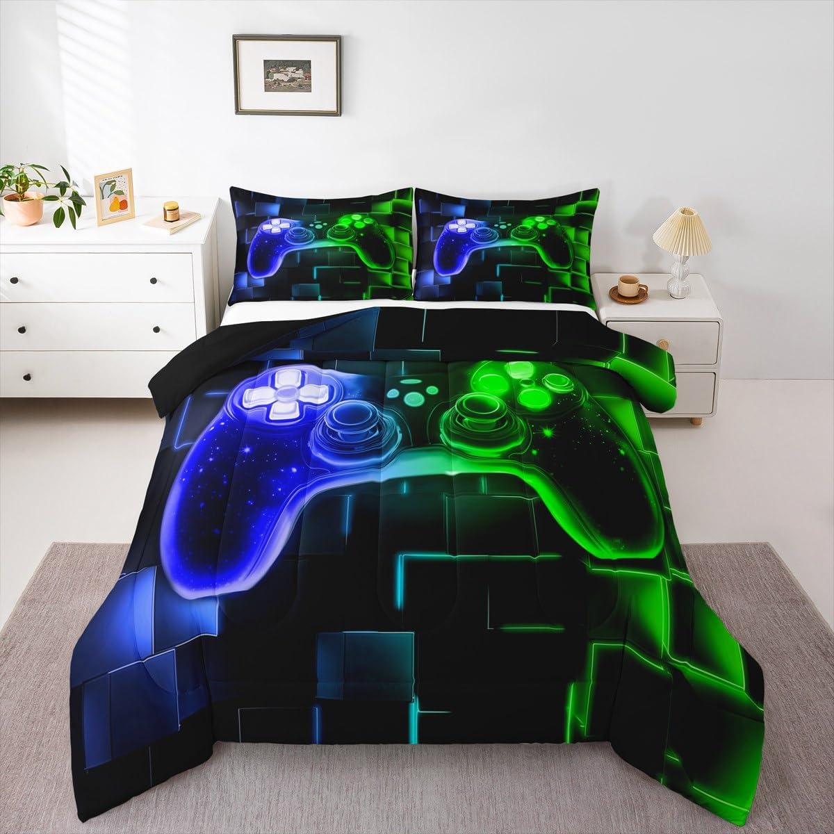 Erosebridal Kids Gamer Comforter Set Twin, Gaming Bedding, Video Games Gamepad Bedding Comforter Sets Neon Glowing Square Geometric Grid Blue Green Bedroom Decor Duvet Insert