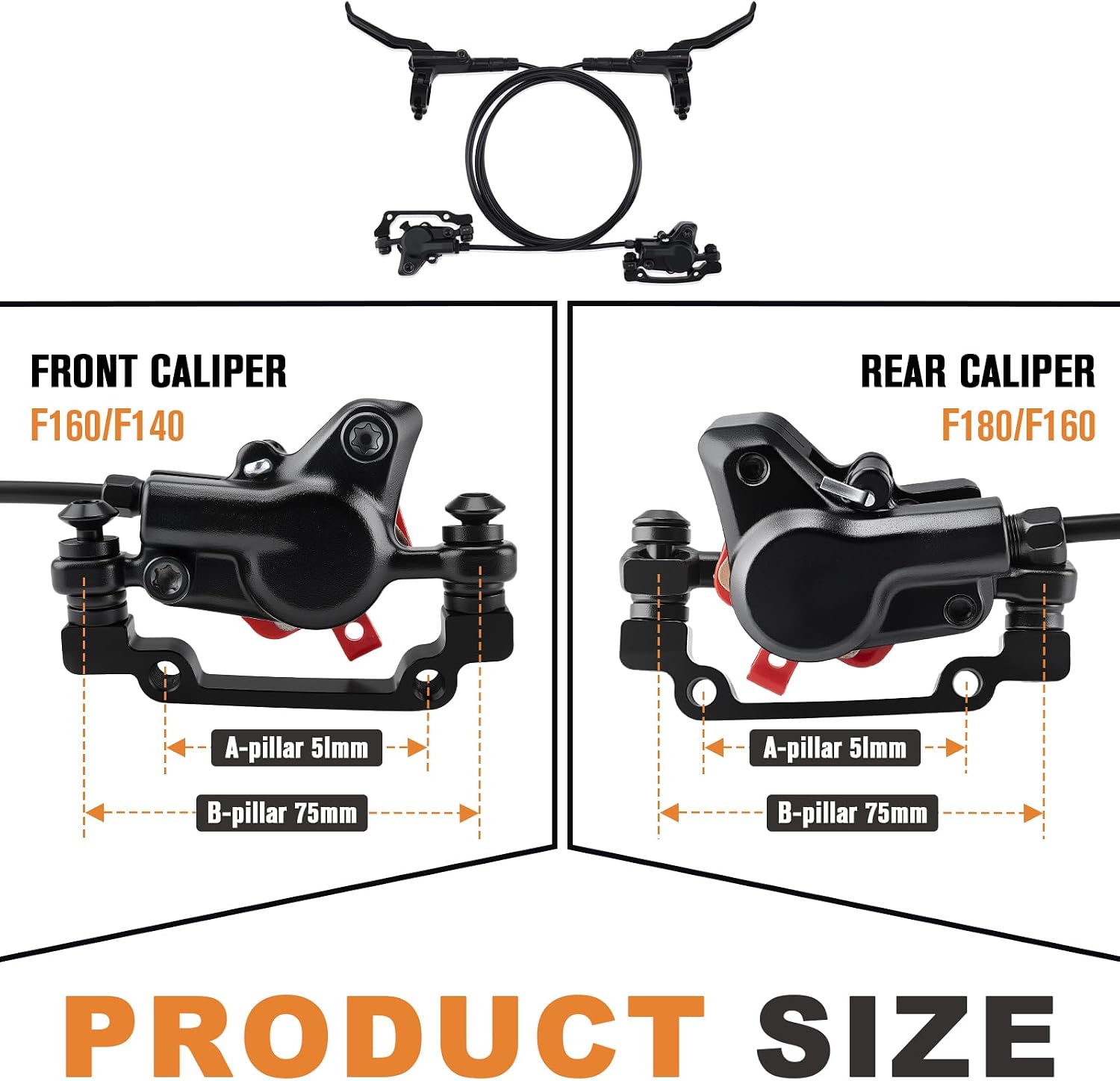 Hydraulic Brakes, MTB Disc Brakes - Complete Bicycle 4 Piston Hydraulic Brakes for Mountain Bike, E-Bike, Road Bike，Left (Front) Hose is 80cm, and the Right (Rear) Hose is 150cm