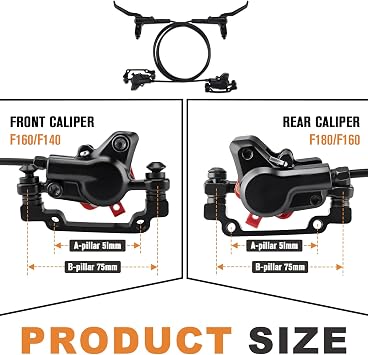 Hydraulic Brakes, MTB Disc Brakes - Complete Bicycle 4 Piston Hydraulic Brakes for Mountain Bike, E-Bike, Road Bike,Left (Front) Hose is 80cm, and the Right (Rear) Hose is 150cm