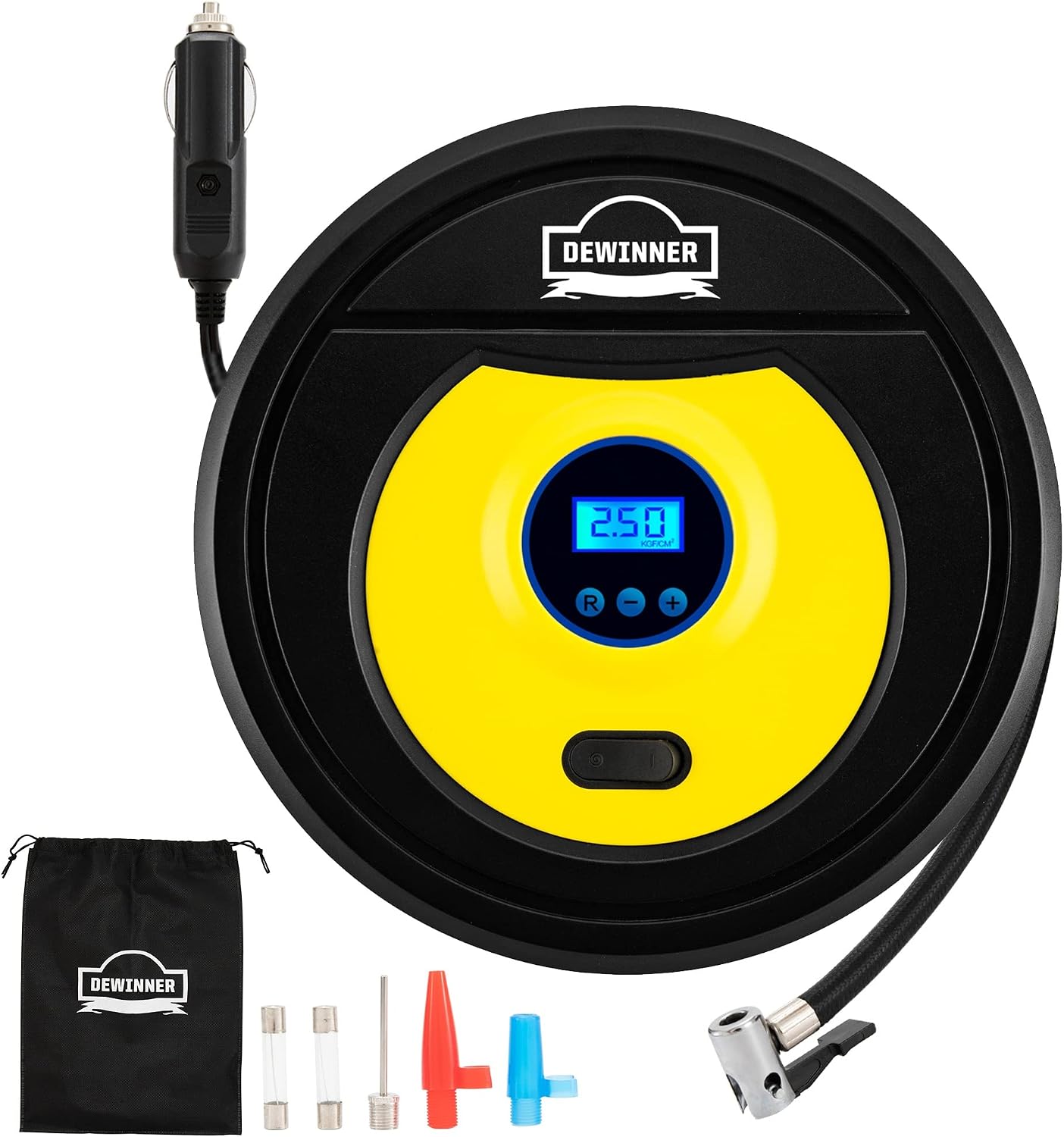DEWINNER Tyre Inflator, Portable Air Compressor, Digital 12V DC 150PSI,Digital LCD Display with Auto Shut Pressure Gauge, Auto Car Air Tyre Pump with 35L/Min Air Flow and LED Light