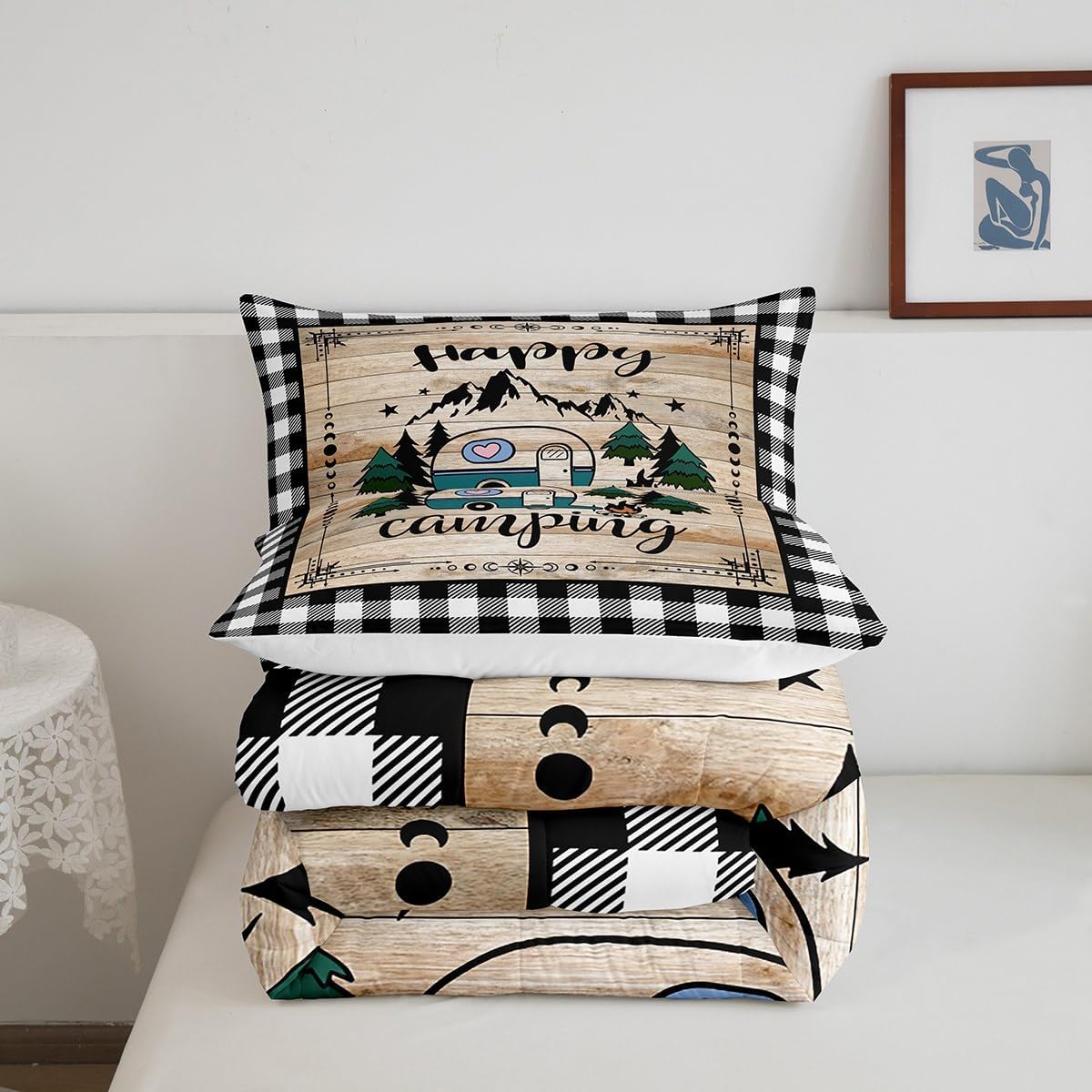 Erosebridal Camp Travel Car Comforter Set Balck and White Buffalo Plaid Queen Bedding Sets for Girls, Camping Decor for Camper Quilt, Vintage Brown Barn Door Plank Cottage Cabin Farmhouse Decor