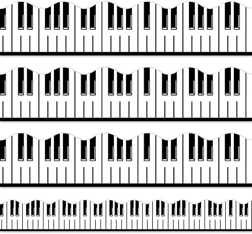 Whaline Tablero de anuncios para teclado musical de 32.8 pies, color negro y blanco, teclas de piano troqueladas, rollo de borde para decoración de