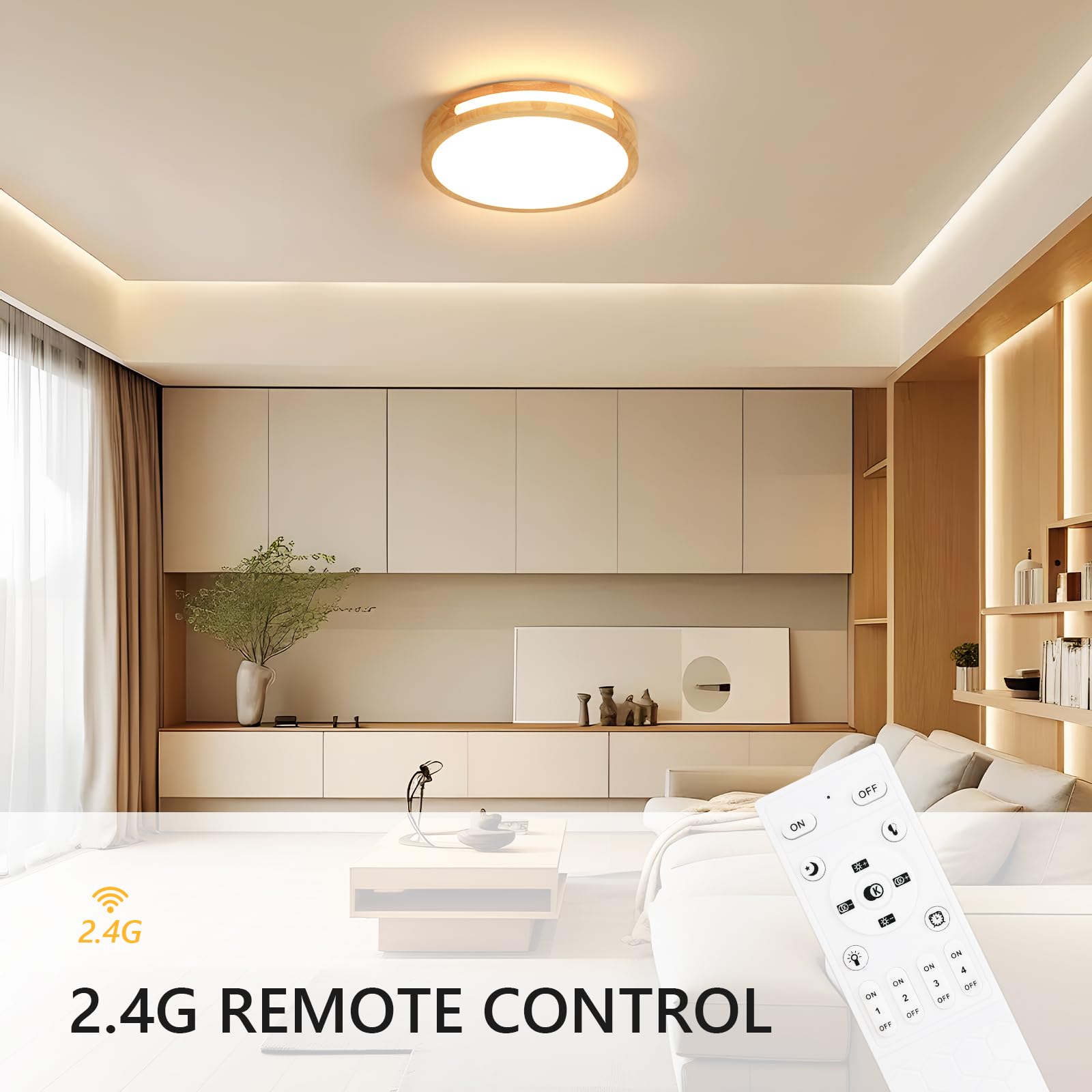 Riserva Lámpara de Techo LED Madera 64W, Regulable, 3000K-6500K, 40cm | Plafon LED Techo Redondo con Mando para Dormitorio, Salón, Cocina, Comedor, Balcón, Pasillo