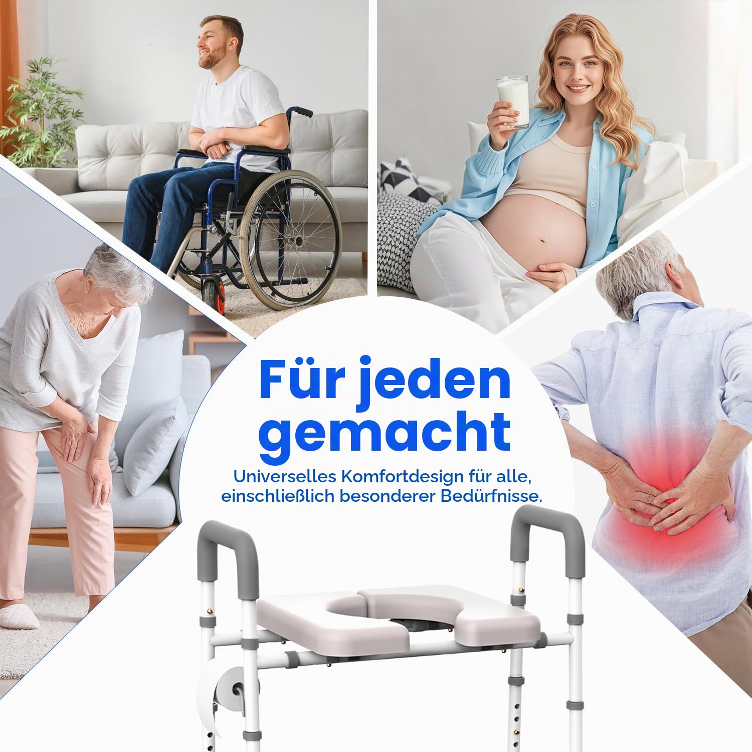 Toilettensitzerhöhung mit Armlehnen – Höhenverstellbarer gepolsterter Toilettenaufsatz für Senioren und Behinderte, Schwerlast WC-Sitzerhöhung bis 182 kg, Passend für die meisten Toiletten, Dunkelgrau